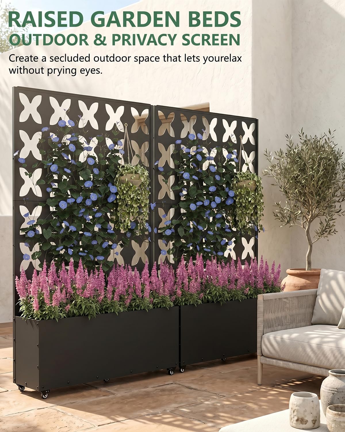 FOLAWO Metal Planter Box with Trellis,70.9"x47.2"x15.7" Raised Garden Bed with Drainage Holes, Privacy Planters for Outdoor Garden Bed for Climbing Plants,Vegetables,and Vines, Black-X