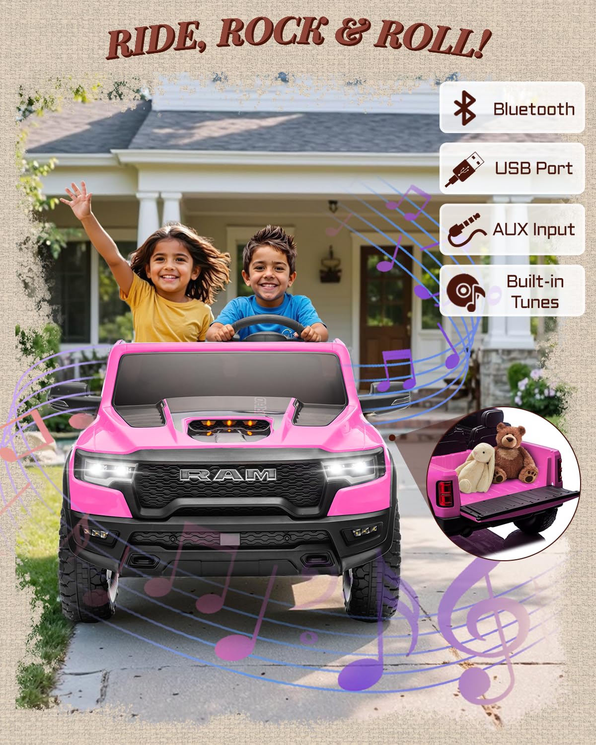 First Ride On 24V Ride On Toys for Big Kids, RAM 1500 2 Seater Ride on Car w/Remote, Battery Powered Truck w/ 4 Wheels Suspension, Toddler Car w/Bluetooth, LED Lights, Trunk