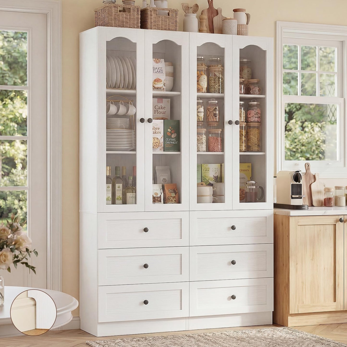 Cyclysio 80" Tall Pantry Cabinet for Kitchen Storage, 2 Set White Pantry Cabinet with Glass Doors & 3 Drawers - Freestanding Storage Bookcase with Built-in Baseboard Notch for Dining, Living Room