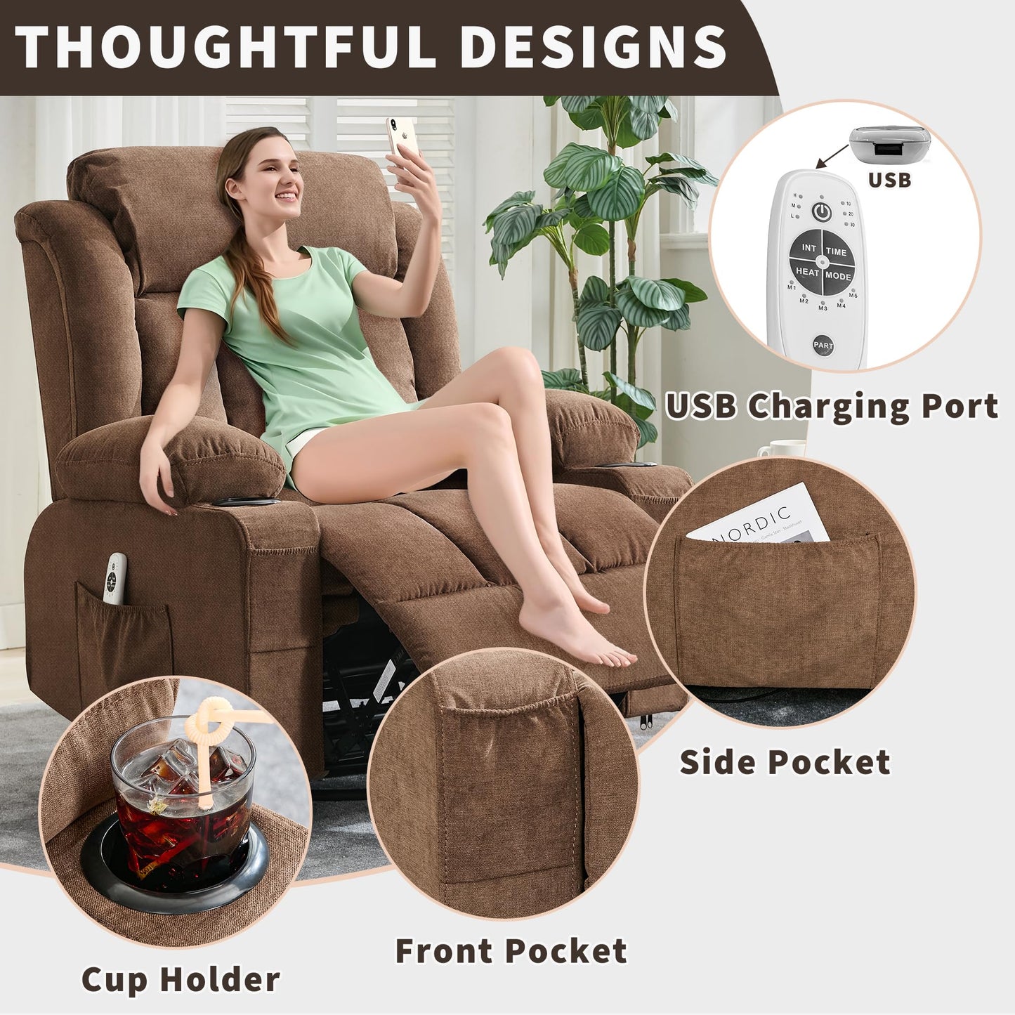 PeacefulHues 360° Swivel Rocker Recliner Chair with Heat and Massage, 3 Positions, USB Ports, Side Pockets, Cup Holders, for Living Room, Bedroom, Brown