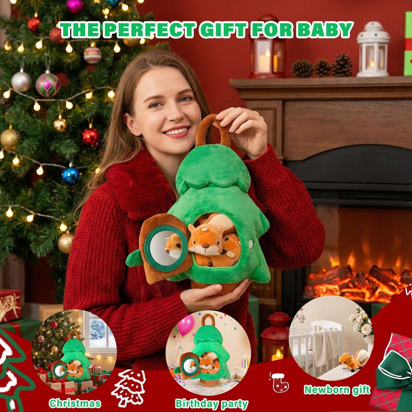 Squirrel Tree Baby Sensory Toy for 6-12 Months, Montessori Plush Hide and Seek Toy for Toddlers 1-3, Infant Developmental Stuffed Animal Playset with 5 Squirrels, Newborn Gift for Boys Girls