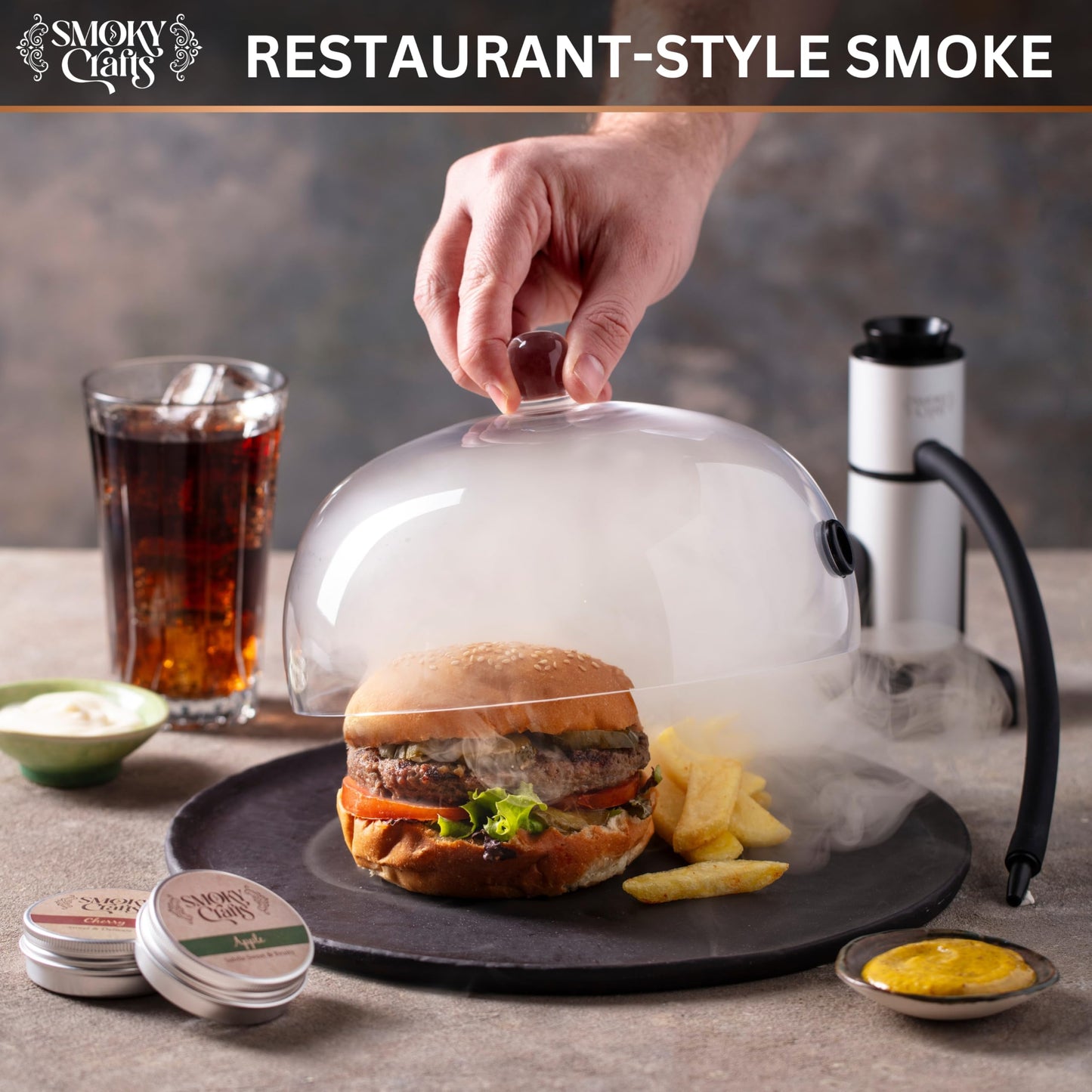 Smoky Crafts Food and Drink Smoker Kit with Smoke Gun, 8" Smoking Cloche Glass Dome, Acacia Cocktail Smoke Top and Wood Chips (Apple & Cherry) - Whiskey Smoker Kit - Gifts for Men