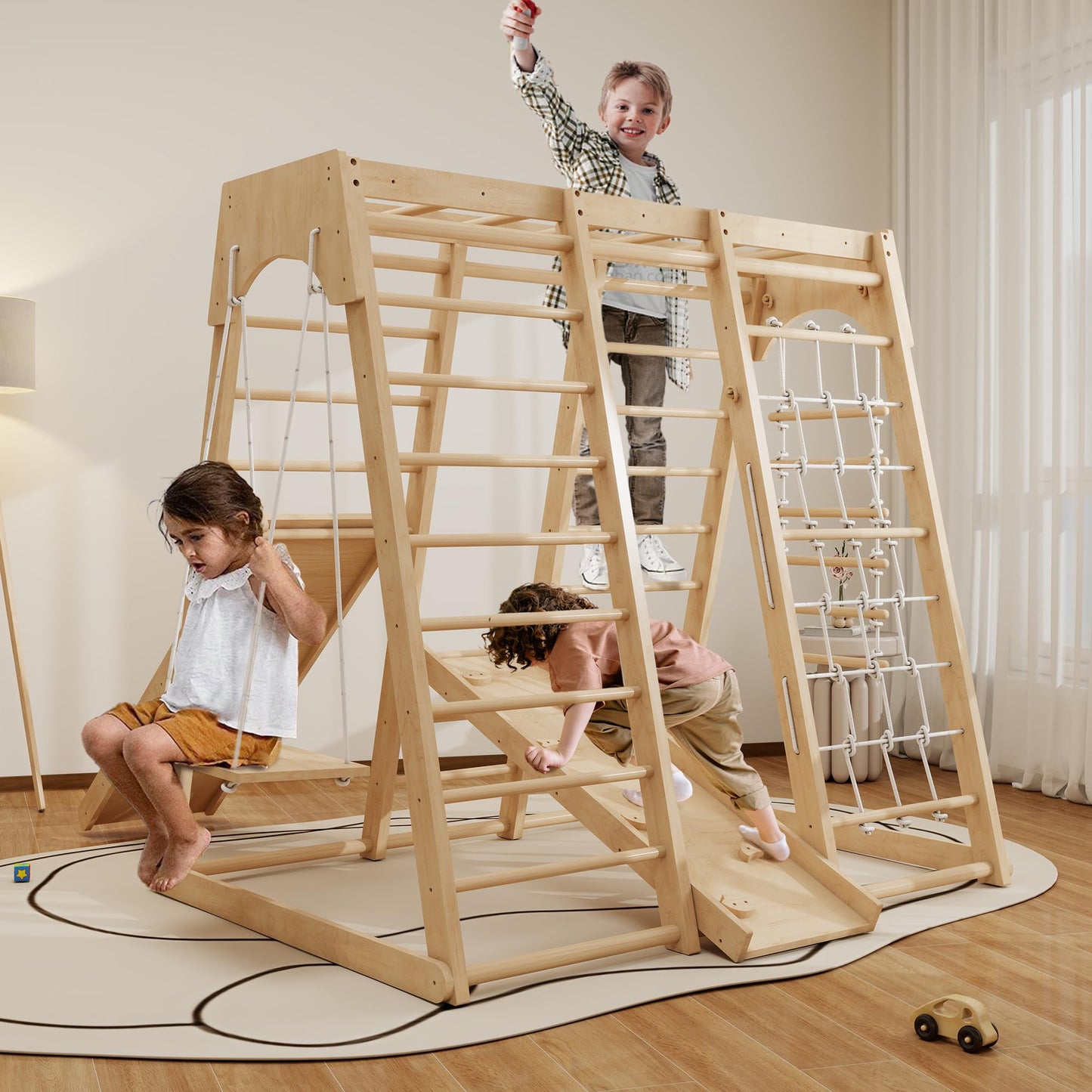 LunaQuest Indoor Jungle Gym for Toddlers, 8-in-1 Wooden Montessori Climbing Toys with Slide, Swing, Rock Wall, Rope Ladder, Monkey Bars – Indoor Playground for Kids Ages 1-8