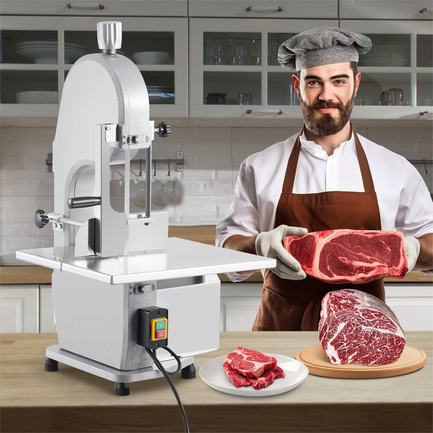 Commercial Electric Meat Band Saw 1100w, Bone Cutting Machine with Stainless Steel Worktable 19.3 x 15 in, 0.16–7.9" Cutting Thickness, Includes 5 Saw Blades, for Frozen Beef Pork Fish Chicken