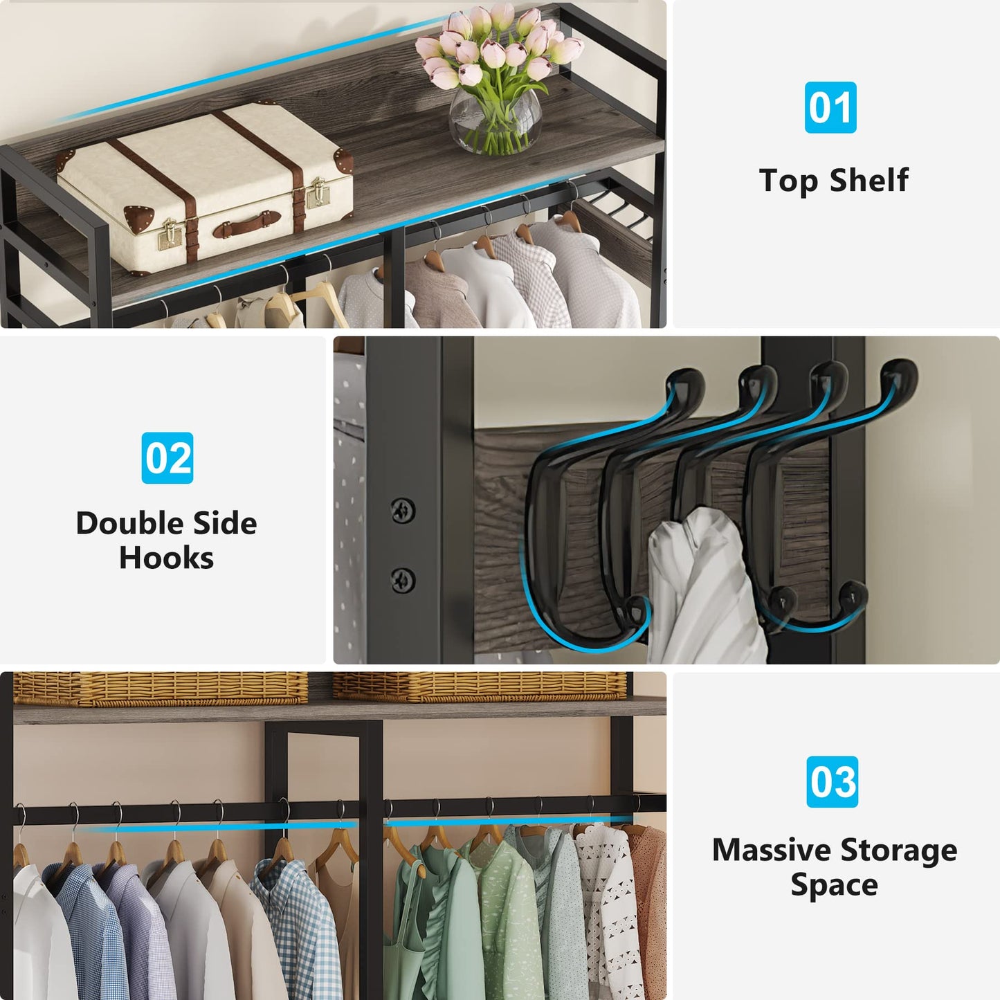 LITTLE TREE Clothes Rack, Heavy Duty Garment Rack with 4 Drawers, 8 Hooks and Storage Shelves, Wardrobe Closet Storage Rack for Bedroom, Living Room, Grey