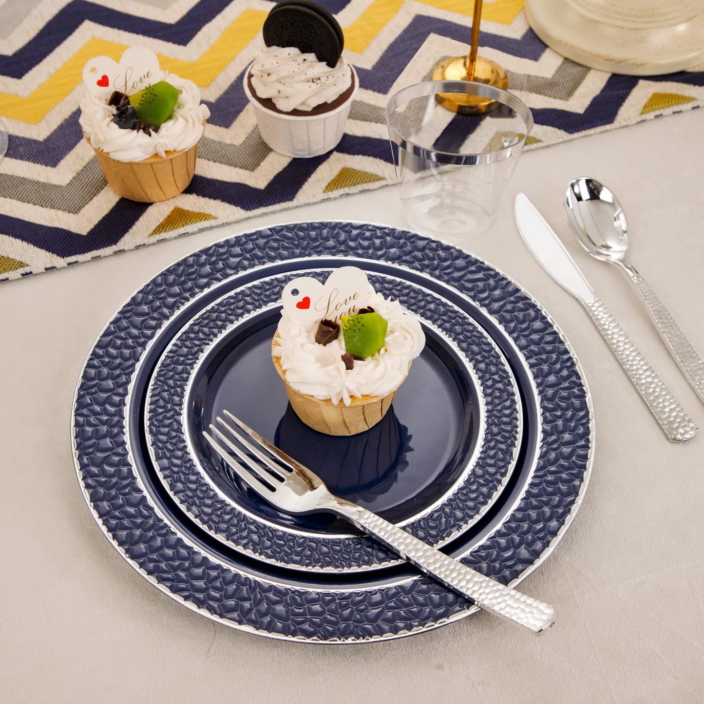 Ciaell 150 PCS Blue and Silver Plastic Plates - Blue Disposable Plate include 50 Plates, 25 Knives, 25 Forks, 25 Spoons, 25 Cups for Weddings & Party & Graduation