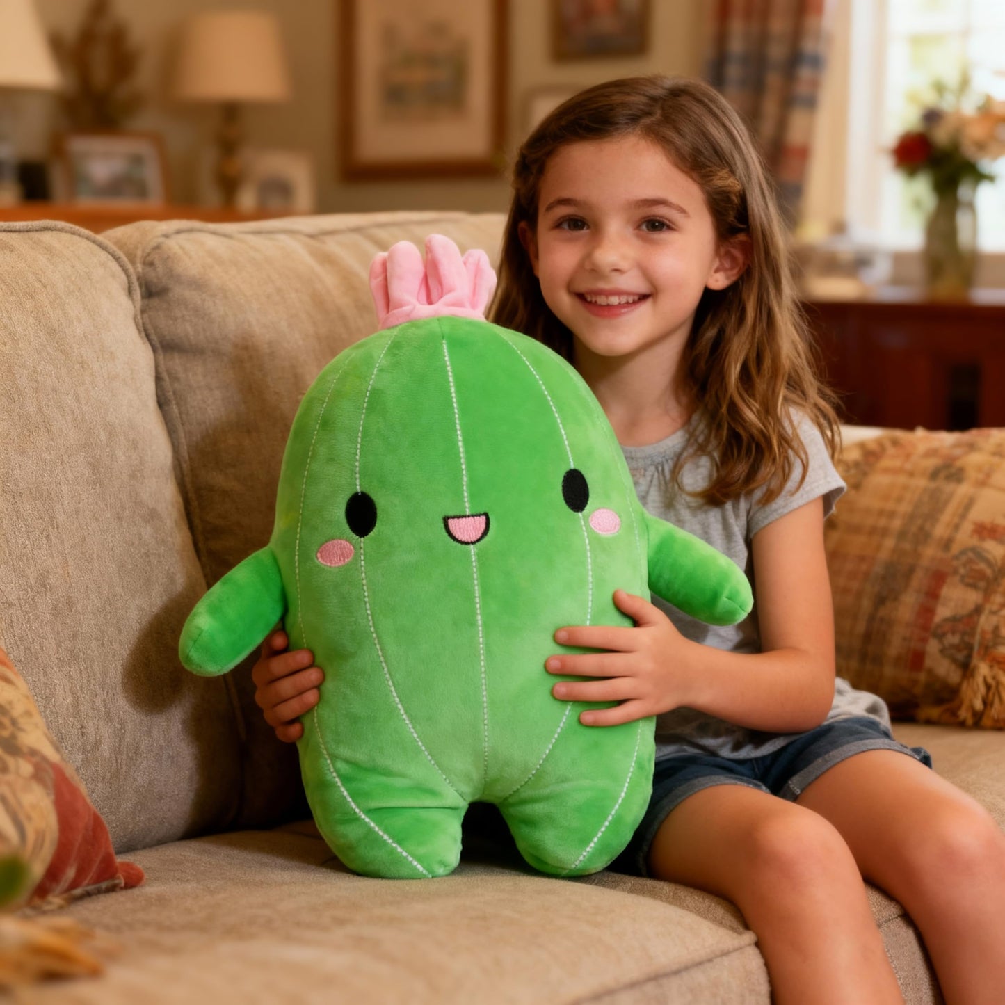BABOLI Cuddly Cactus Stuffed Plant Pillow with Smile Face and Pink Antenna Honey Cacti Plush Soft Toy Pretty Sweet Mascot Gifts for Kids Girls and Boys Present for Birthday or Party 22.7 Inches