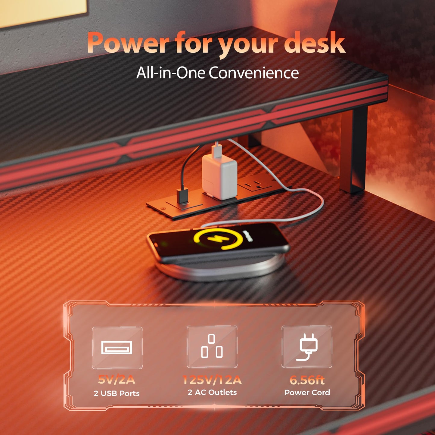Mericonia Gaming Desk with Power Outlets & LED Lights, Reversible Computer Desk with PC Case Stand, Fabric Drawers, Modern Office Desk with Shelves, Monitor Stand (DJK-Carbon Fiber Black, 51 inch)