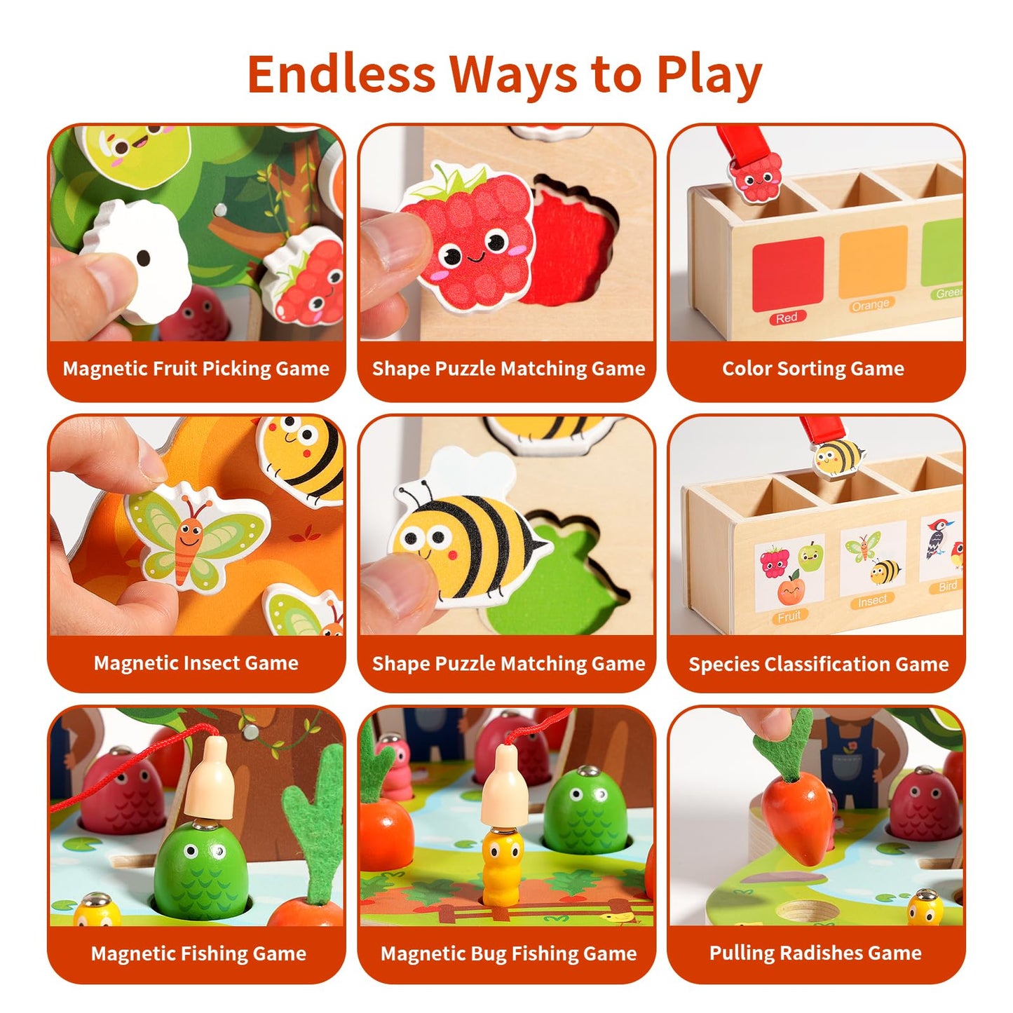 INIFEIDALA Montessori Toys for 2 3 4 Year Olds | Birthday Gifts for Boys & Girls, Wooden Educational Toddler Toys, Shape Sorting, Carrot Harvest & Magnetic Fishing Game – Fine Motor Skills Development