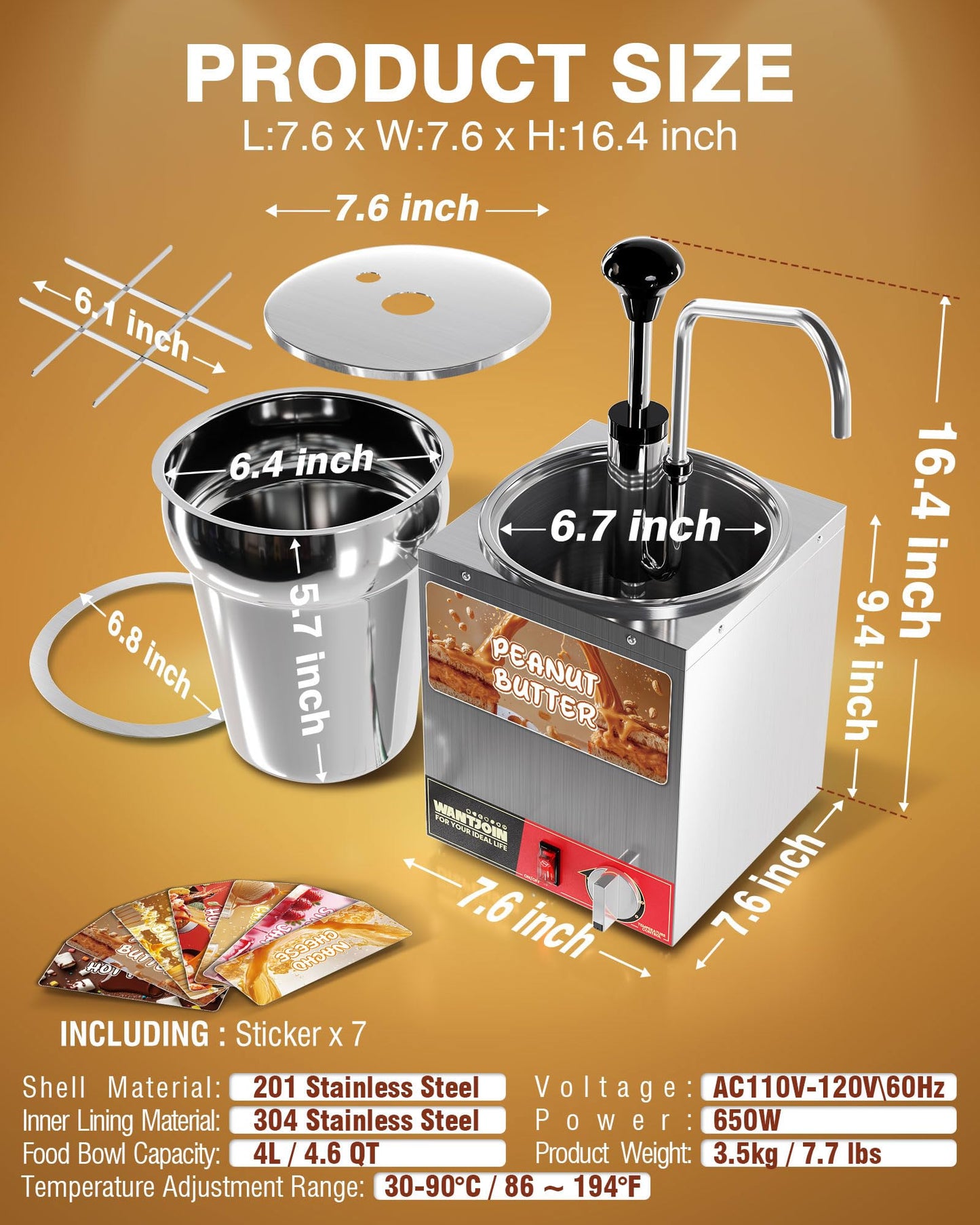 WantJoin Nacho Cheese Dispenser with Pump - 4.6QT Commercial Stainless Steel Warmer with 86-185°F Temperature Control for Hot Fudge, Caramel & Sauces