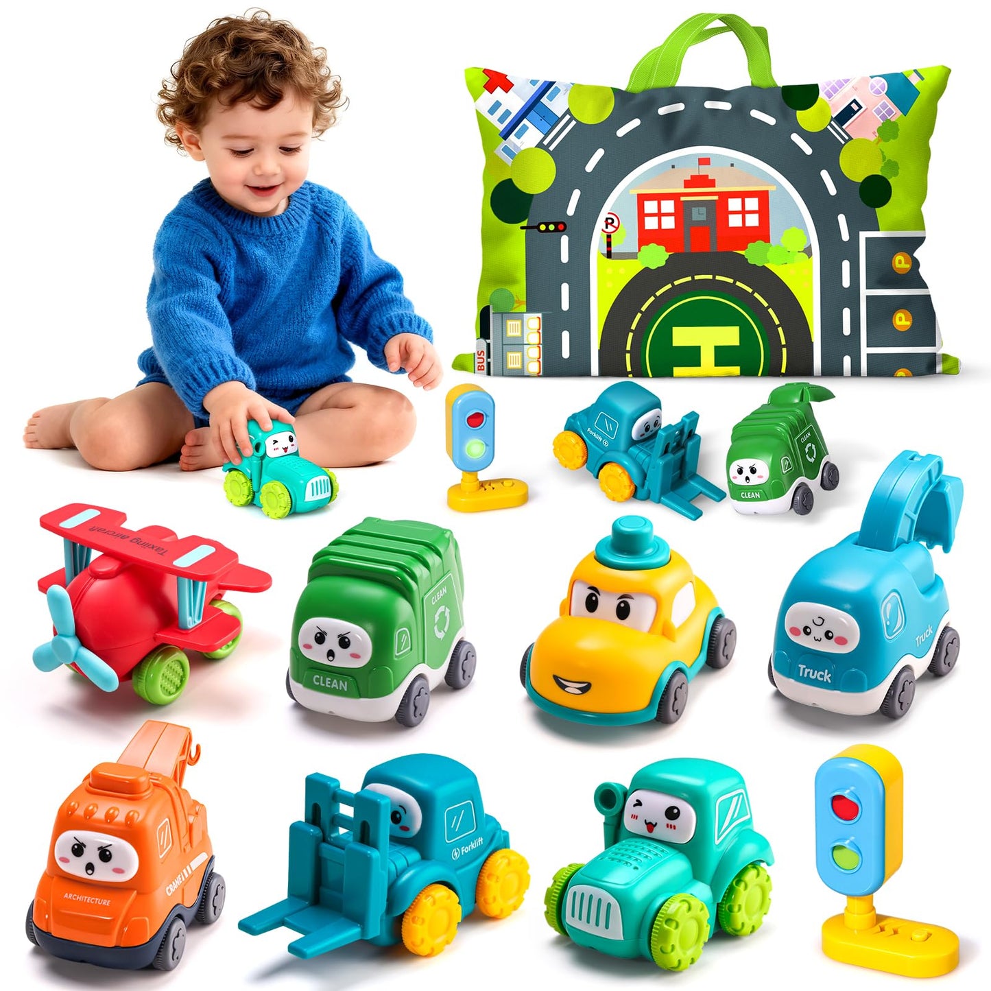 ALASOU 8 PCS Baby Cranes Car Toys for 1 Year Old Boy with Playmat/Storage Bag|1st Birthday Gift for Toddler Toys 1-2|Baby Toys 1 Year Old Boy Gifts for Infant 12 18 Months