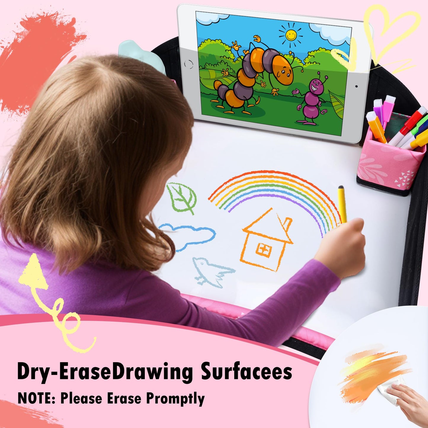 WENRENER Kids Travel Tray, Car Seat Tray for kids Travel, Toddler Road Trip Essentials With Drawing Kit, Toddler Lap Desk Organizer for Car, Carseat Table for Airplane