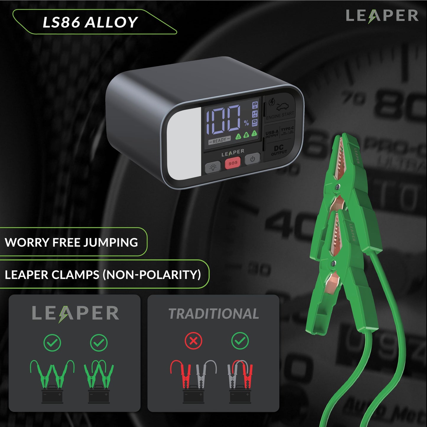 Leaper 12V Jump Starter, Black Aluminum Casing, 2000A Peak Current, 20000mAh Capacity, 3'' Digital Screen, Non-Polarized Green Clamps. Protective Carrying Case and a UL PD65W Premium Charger
