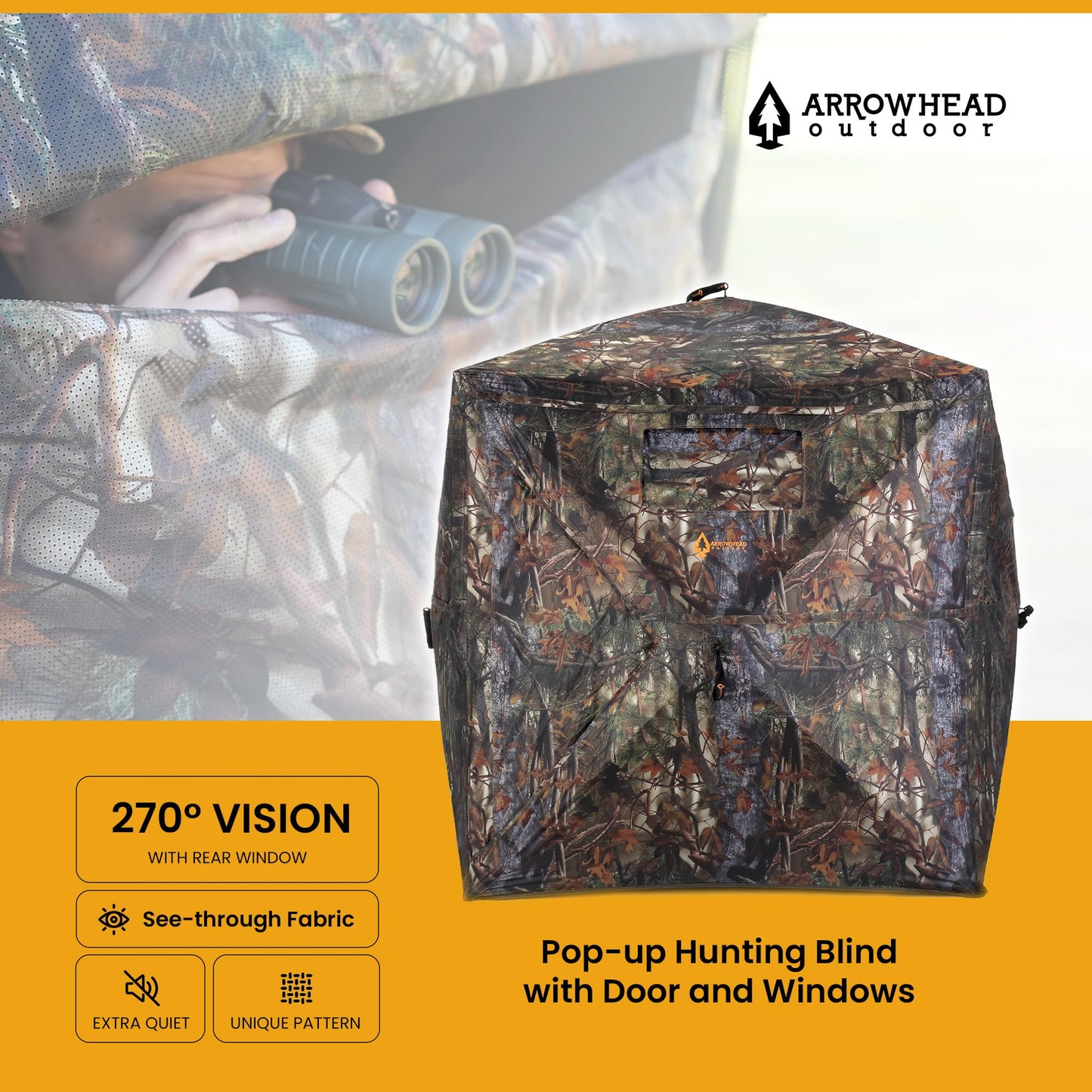Arrowhead Outdoor 270° Vision 4.8x4.8 Ft Pop-up 2-3 Person See-Through Hunting Stealth Deer Blind Shelter w/Magnetic Door, Sliding Windows and Backpack Carry Bag, Noise-Free Camouflage Design