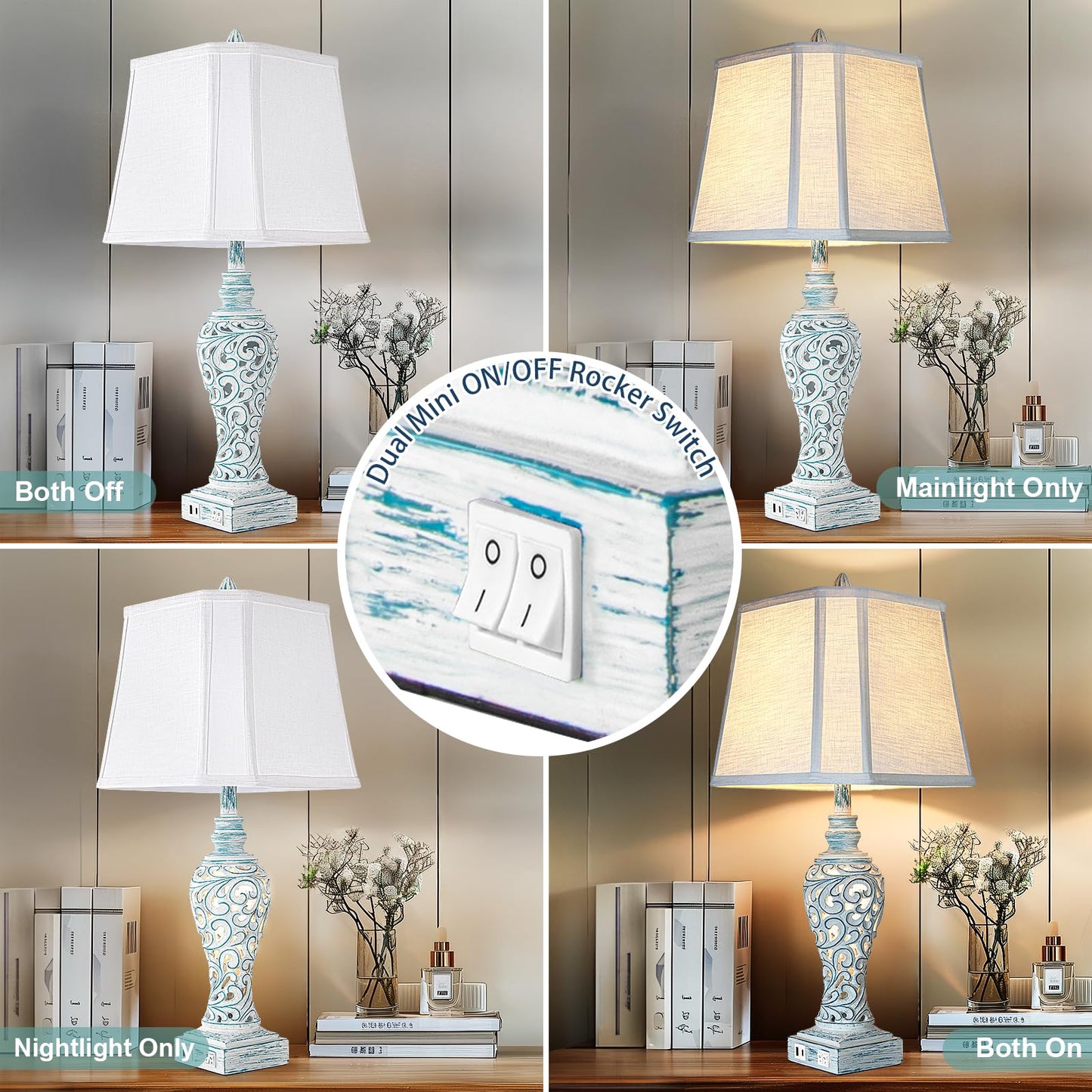 Table Lamp Bedside Lamps Set of 2, 28.5'' Luxsight Farmhouse Table Lamps for Bedroom, Lamps for Nightstands with Night Lights, with USB C+A Ports, Rustic Lamp for Living Room, Bulb Included
