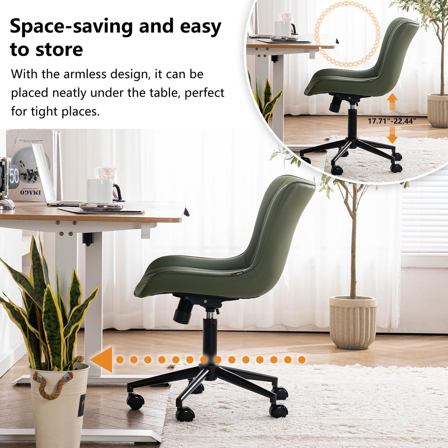YOUNIKE Armless Home Office Desk Chair with Wheels Compact Comfy Vanity Chair with Adjustable Back Modern Small Leather Upholstered Rolling Swivel Cute Task Drafting Sewing Chair No Arms Olive Green