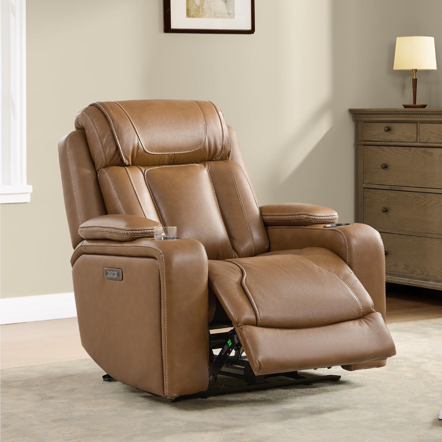 Watson & Whitely Genuine Leather Electric Recliner Chairs, Oversized Super Zero Gravity Recliner Triple-Motor W Adjustable Lumbar Headrest Support & Hidden Storage, Saddle Brown