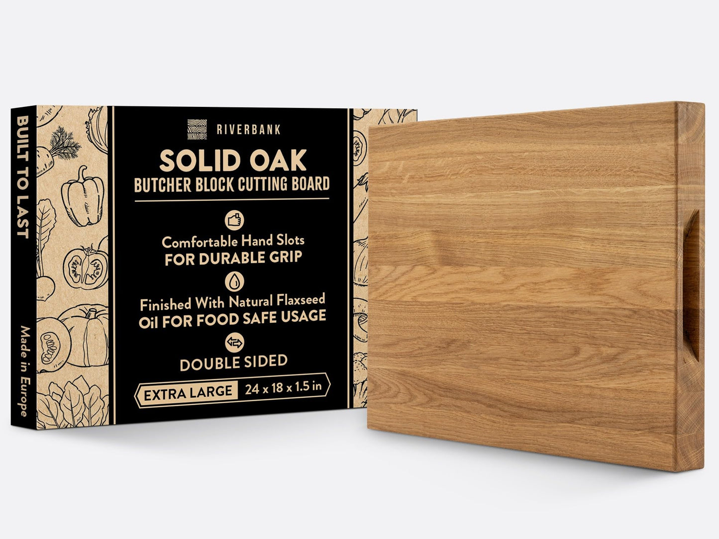 Riverbank Solid Wood Oak Butcher Block Cutting Board in Extra Large XL Size 24"x18"x1.5", Reversible Wooden Chopping Board with Handles, Gift Box Included