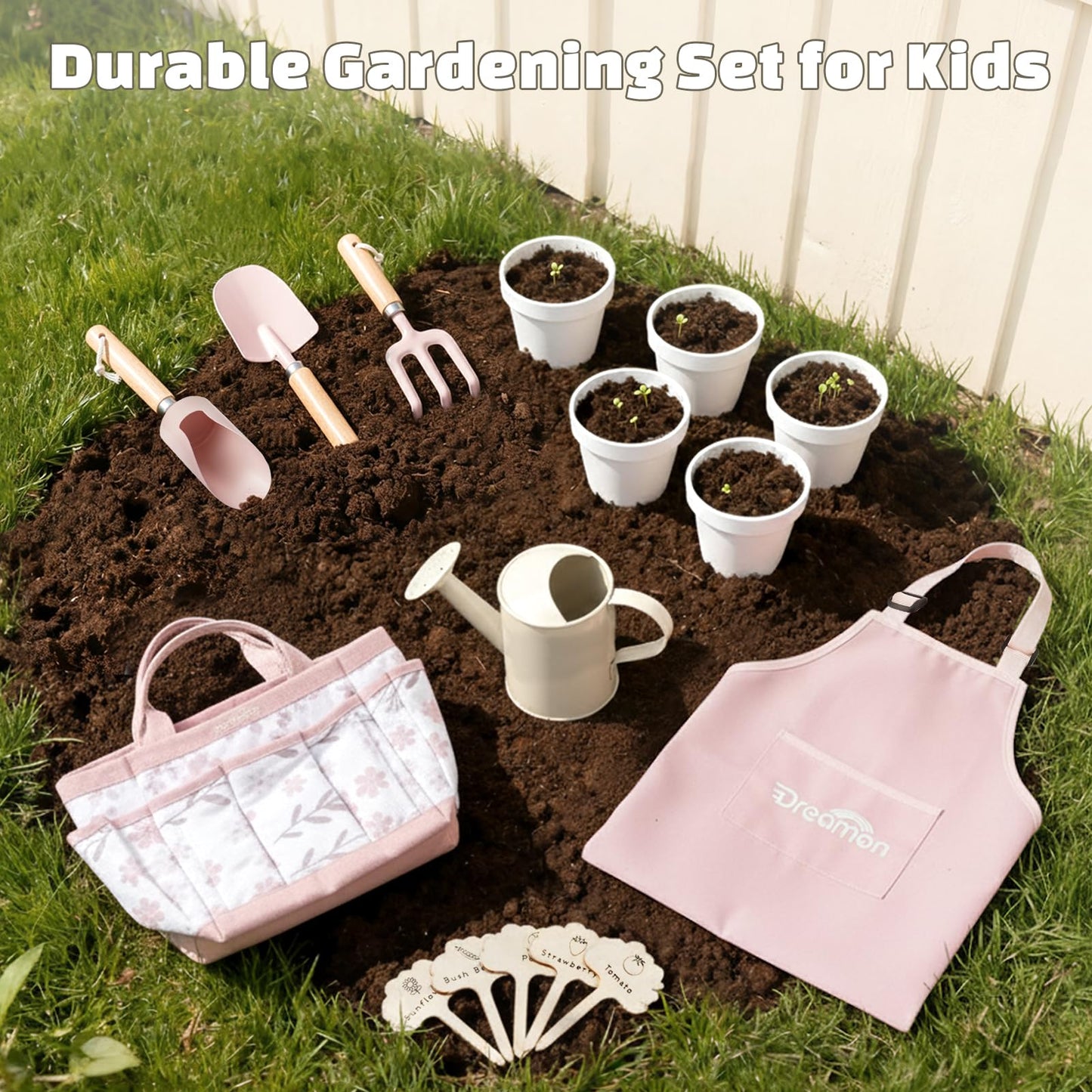 Kids Gardening Set, Gardening Tools Kit for Kids Toddler, Includes Tote Bag, Apron, Gloves, Watering Can, Shovel, Rake, Cultivator, Garden Tool Set Outdoor Toys Gifts for Boys Girls