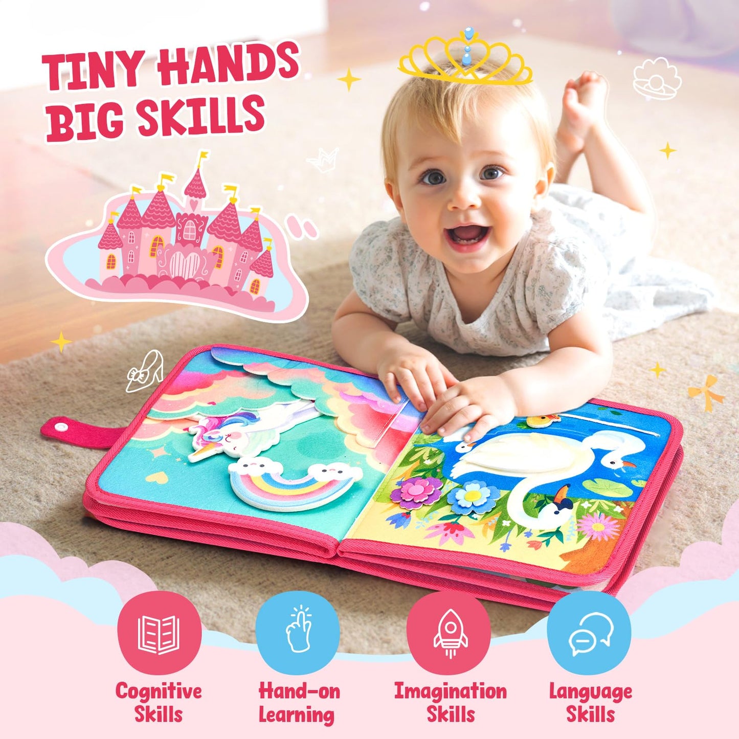JoyCat Travel Toys for Toddlers 1-3, Princess Busy Book – Busy Book for 1 Year Old, Dress-Up, Unicorn & Castle Play –Quiet Toy Fine Motor Skills, Easter Basket Stuffers Gifts for Kids Girl