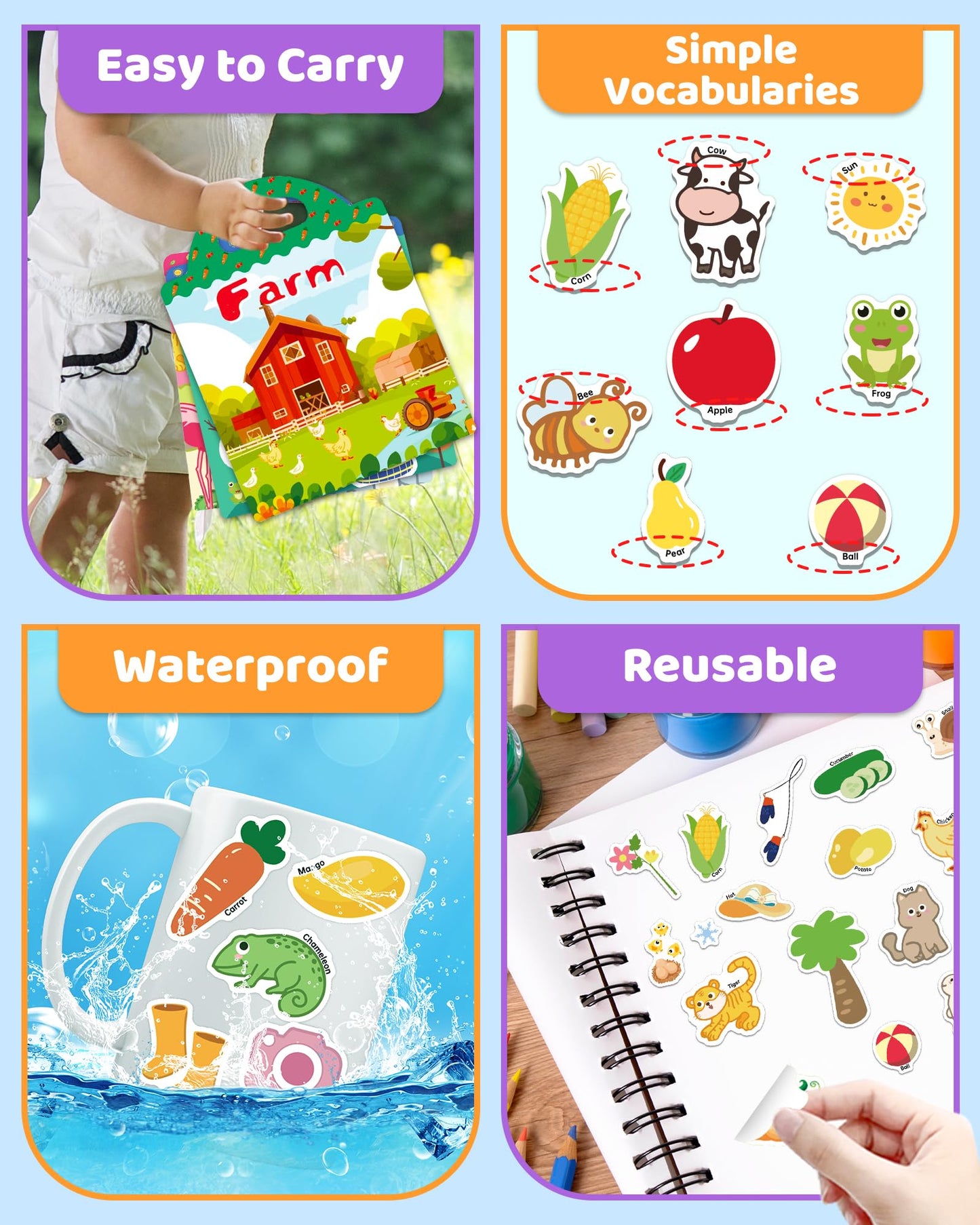 Benresive Reusable Sticker Book for Toddlers, Stickers for Kids, Travel Toys for Arts & Crafts Activities, Birthday Gift for Boys & Girls, Farm, Animal and Season Themes