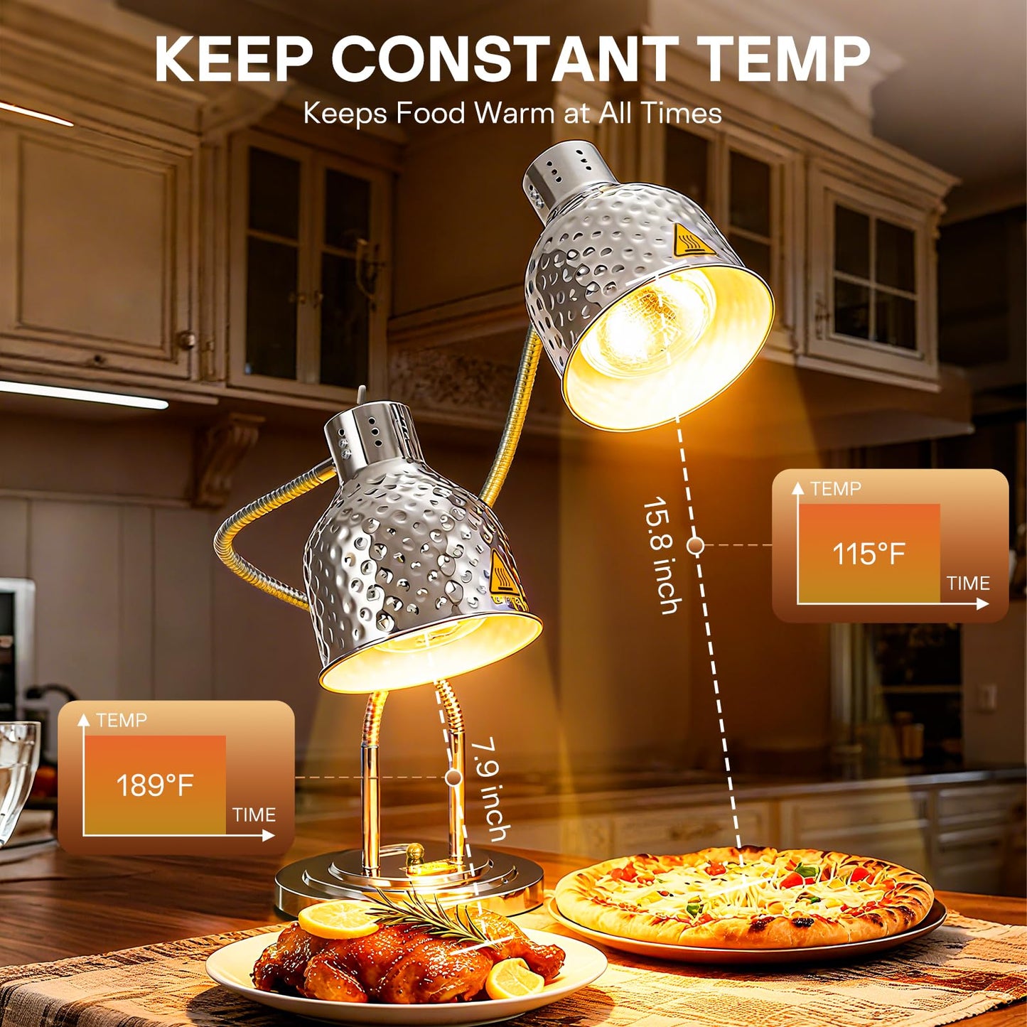 Hiteemer Food Heat Lamp - 500W Commercial Food Warmer Lamp 2-Head Portable Electric Heating Lamps Catering Warming Light for Buffet Parties Restaurant Kitchen, Silver
