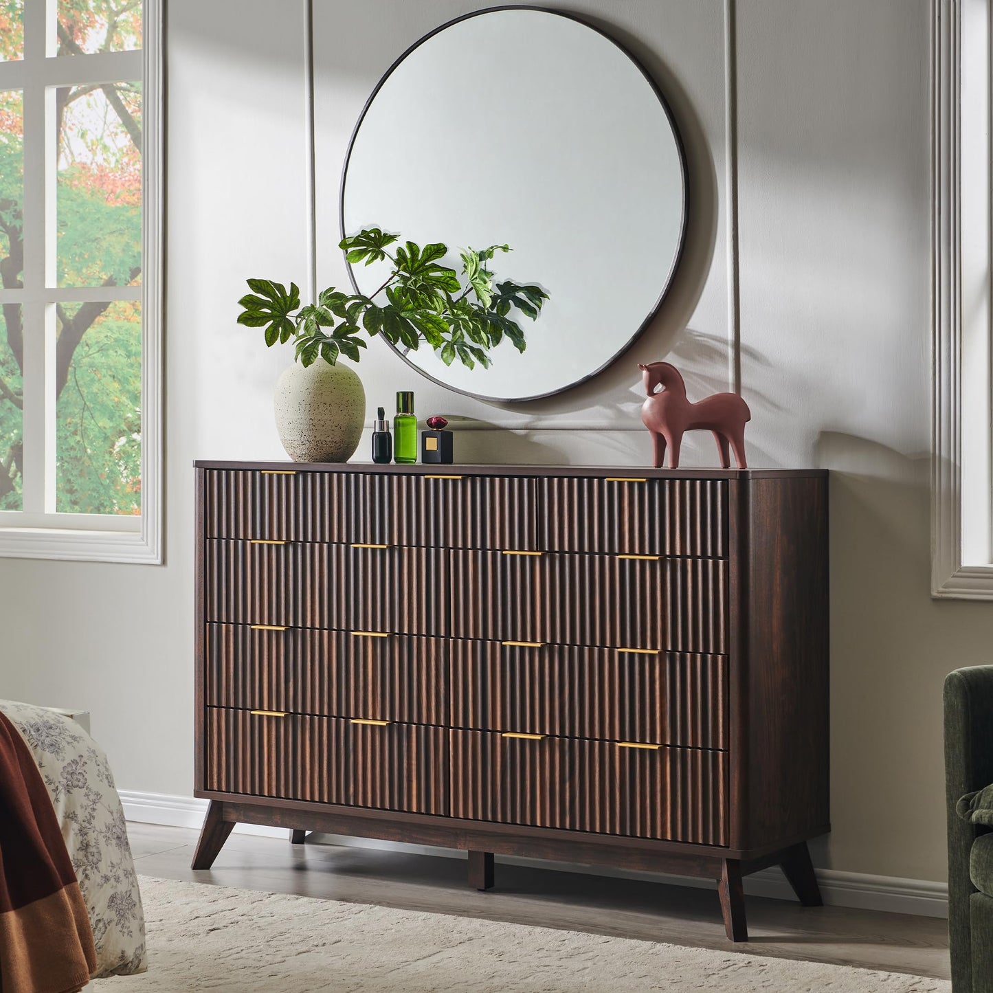 T4TREAM Fluted 9 Drawers Dresser, 54" Wide Modern Chest of Drawers, Curved Profile Design, Dresser TV Stand, Wood Drawer Organizer for Bedroom, Living Room, Hallway, Dark Walnut