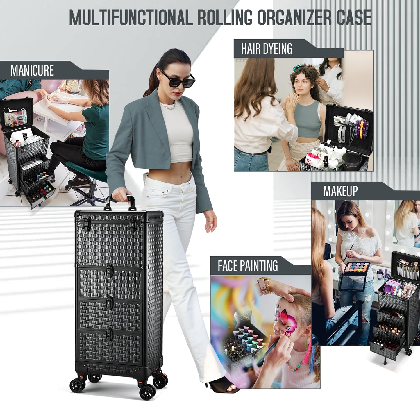 Yueieoun Salon Cart with 3 Drawers, Nail Trolley Cart with Wheels Salon Station Rolling Makeup Train Case Cosmetology Case Organizer Cases for Nail Tech,SPA,Face Painting,Hairstylist,Makeup Artist