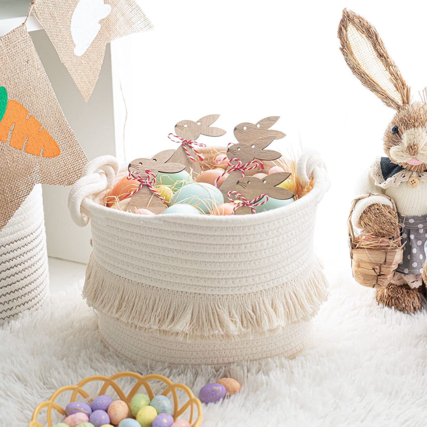 CherryNow Small Woven Storage Baskets, 9.5'' x 7'' inches Cotton Rope Decorative Hamper for Diaper, Blankets, Magazine and Keys, Cute Tassel Nursery Decor - Home Storage Container, Off-white
