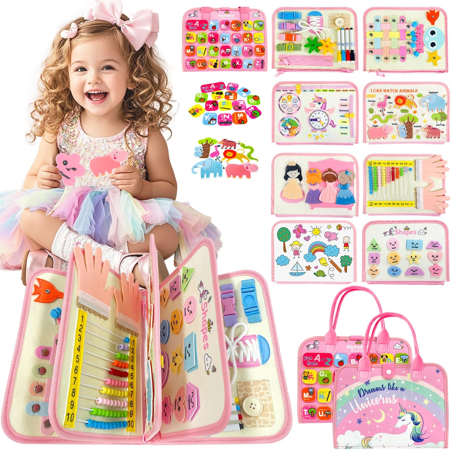 Aurasys Toddler Busy Board Montessori Toys for Girl Birthday Gift,Educational Learning Sensory Busy Book, Airplane Car Travel Activities Toy for Girl(Pink)