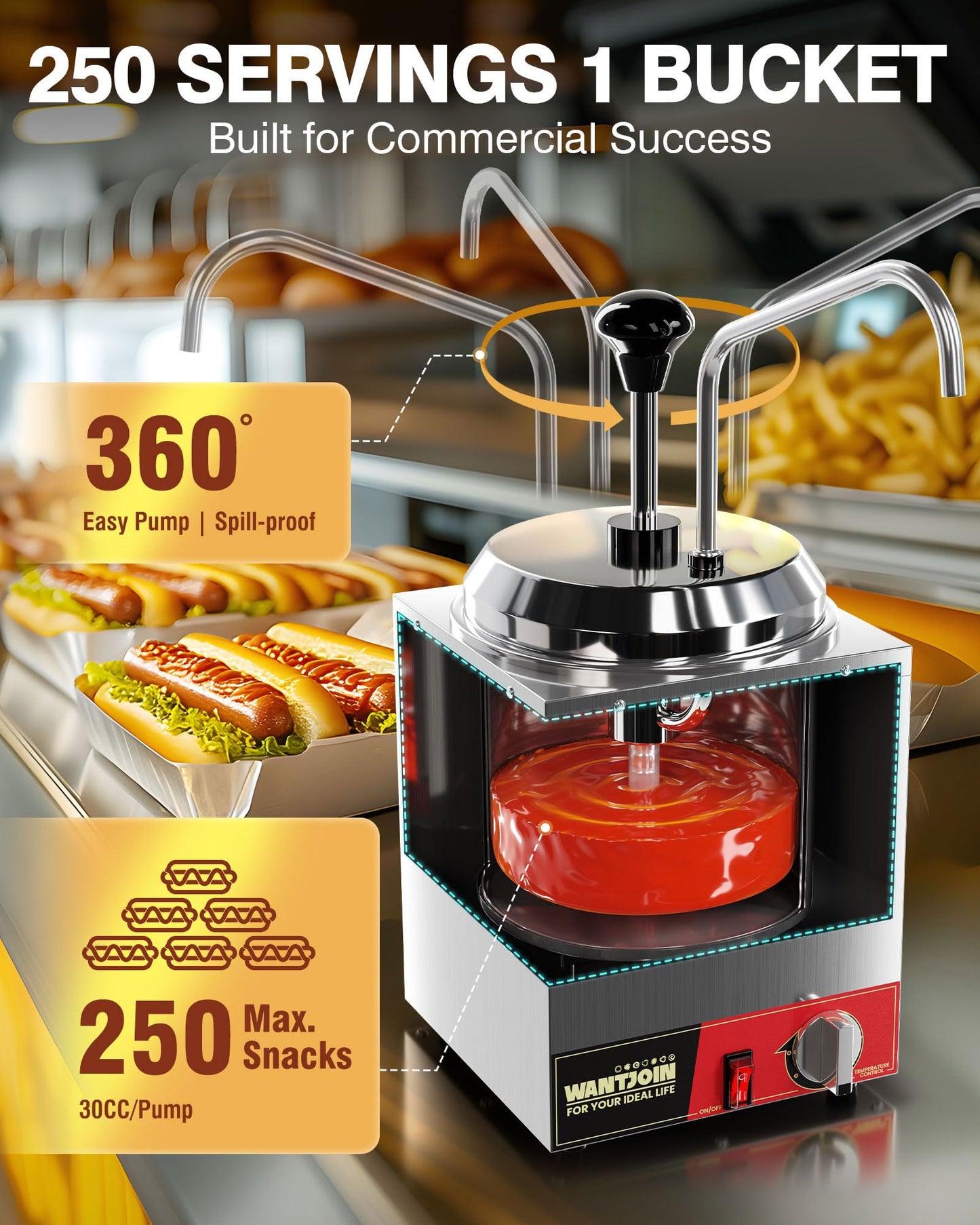 WantJoin Nacho Cheese Dispenser with Pump - 2.8Qt Cheese w/Warmer Stainless Steel Pump Hot Fudge Warmer 86-185°F Temperature Control, Commercial Nacho Cheese Warmer Dispenser for Hot Fudge Caramel