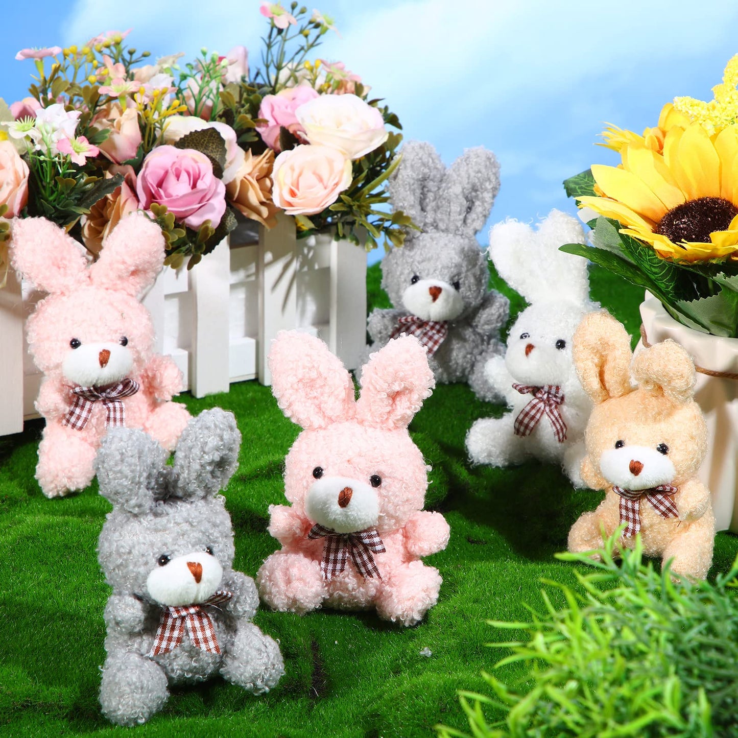 Sotiff 24 Pcs Plush Bunny Stuffed Animal Gift Bulk 4.7 Inch Mini Bunnies Keychain Doll Furry Rabbit with Bow Tie for Birthday Baby Shower Party Favor Classroom Rewards(Classic Color)