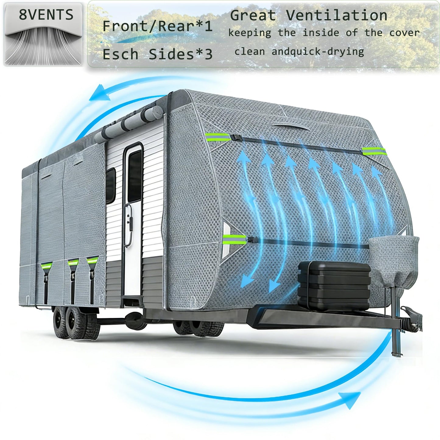 RV Cover Upgraded 8 Layers Top Camper Cover Windproof Travel Trailer Cover RV, Tire Cover,Hauler Cover with Tongue Jack Cover, Extra Long Windproof Ropes (20-22FT)