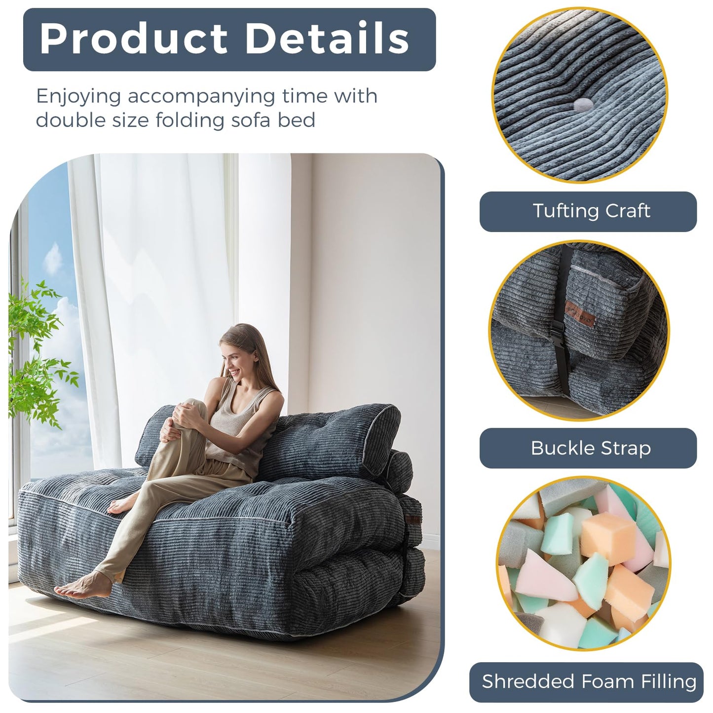 MAXYOYO Folding Sofa Bed, Convertible Sleeper Chair with Pilow Foldable Matress with Back Support, Portable Fold Out Chair Bed Comfy Floor Sofa Lounge for Living Room Bedroom, Dark Grey, Double