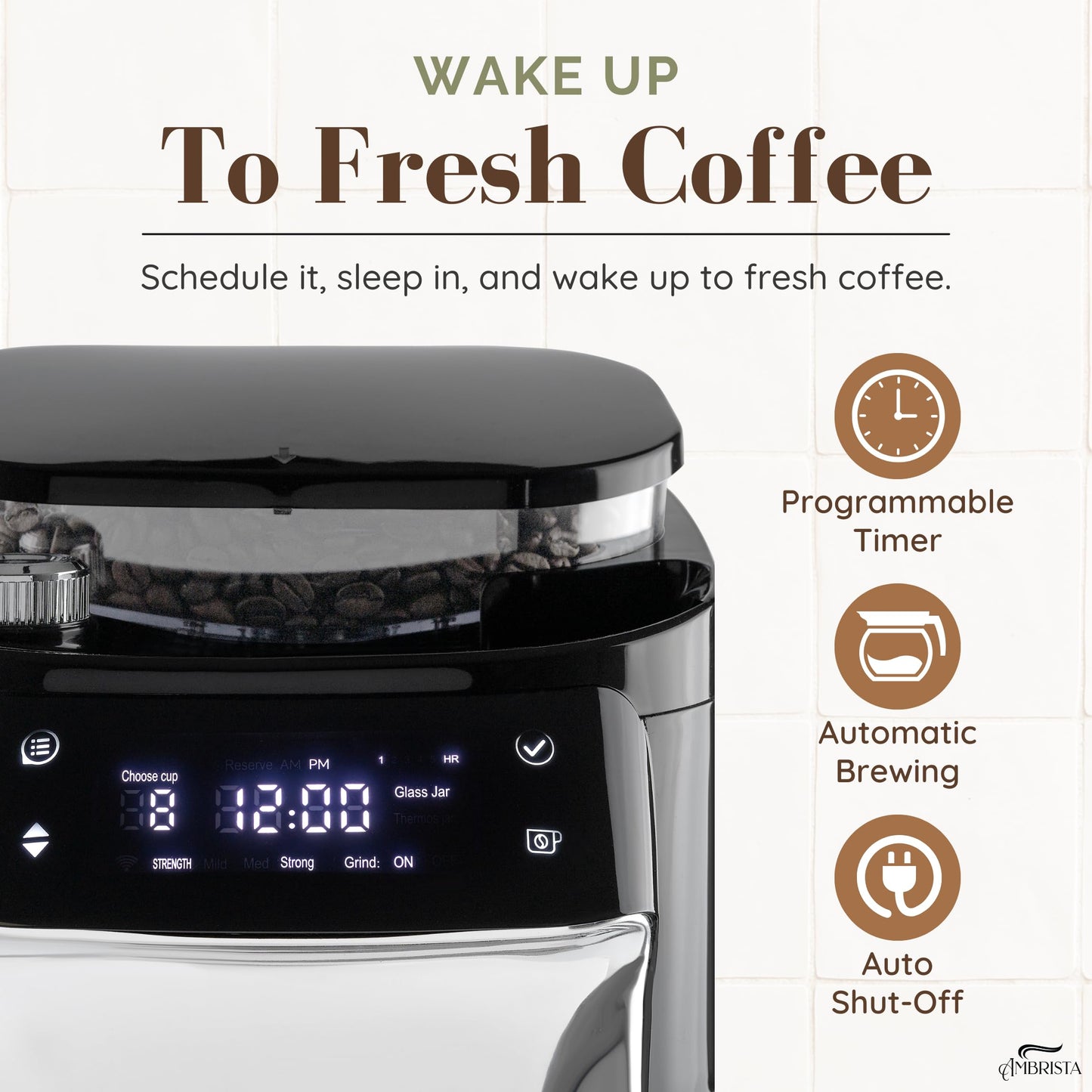 AMBRISTA 12-Cup Digital Drip Coffee Maker with Built-In Burr Grinder | Programmable Coffee Machine | Reusable Filter and Refillable Water Tank | Warming Plate with Glass Coffee Pot