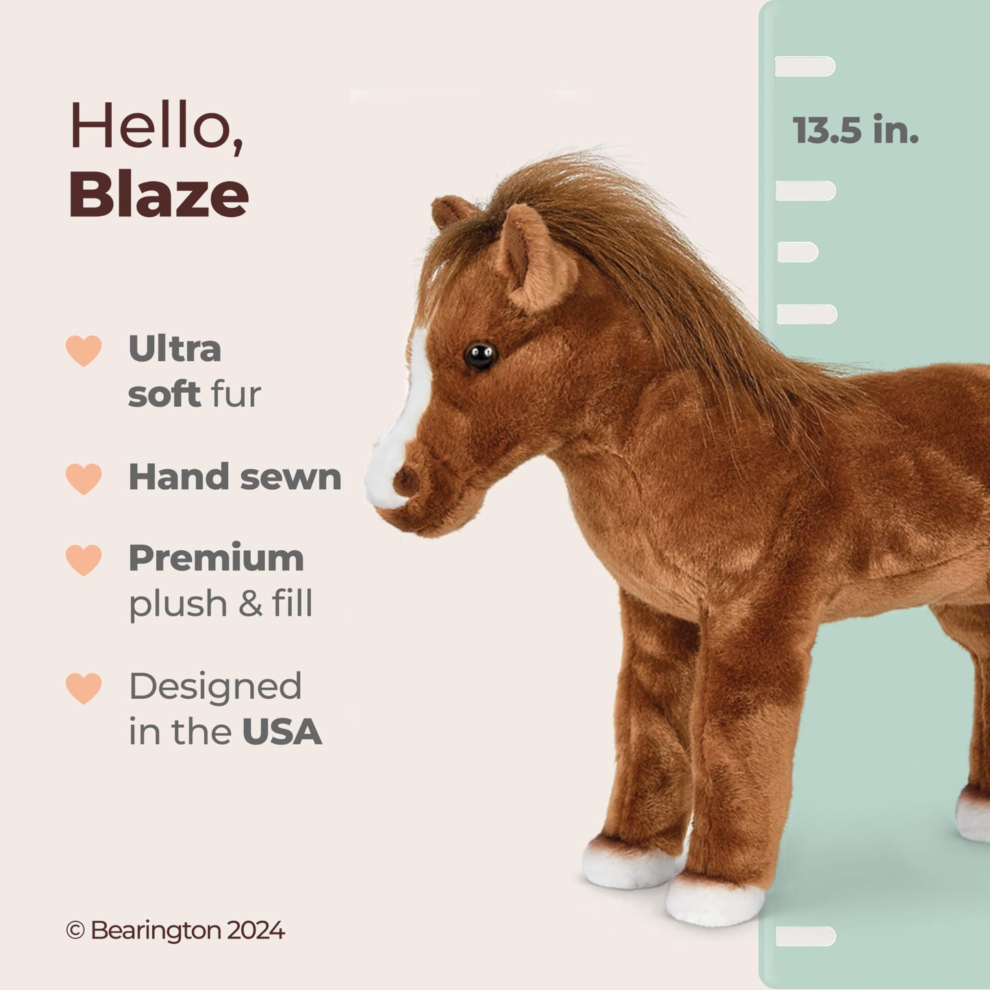 Bearington Blaze Plush Horse Stuffed Animal - 13.5" Realistic Stuffed Horses Plush Toys with Soft Brown Fur and White Hooves - Lifelike Cuddly Horse Plushies Gift for Kids, Toddlers and Animal Lovers