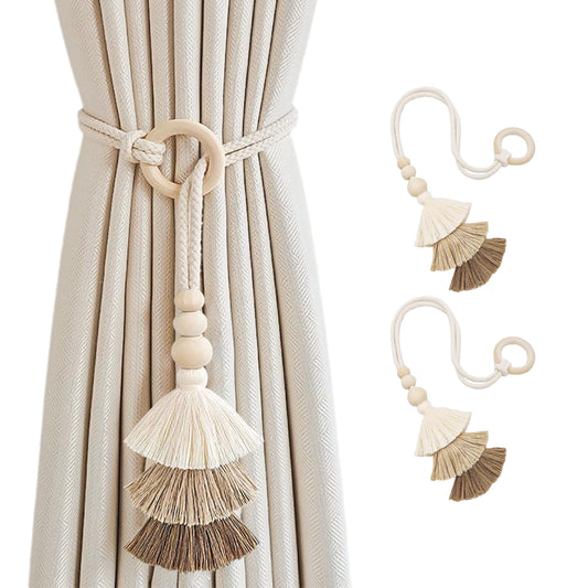 SRG Rope Curtain Tiebacks with Tassel Boho 2 PCS Handmade Wooden Ring Curtain Tie Backs Accessories Wall Decoration Drapery Curtain Holdbacks for Bedroom Window