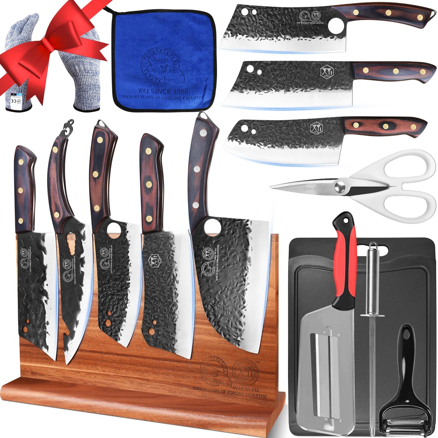 XYJ Full Tang Knives Set with Magnetic Knife Block,Cutting Board,Sharpener Rod,Scissors,Gloves,High Carbon Steel Blades,Knife Block Set,Cleaver Vegetable Butcher Kitchen Knives