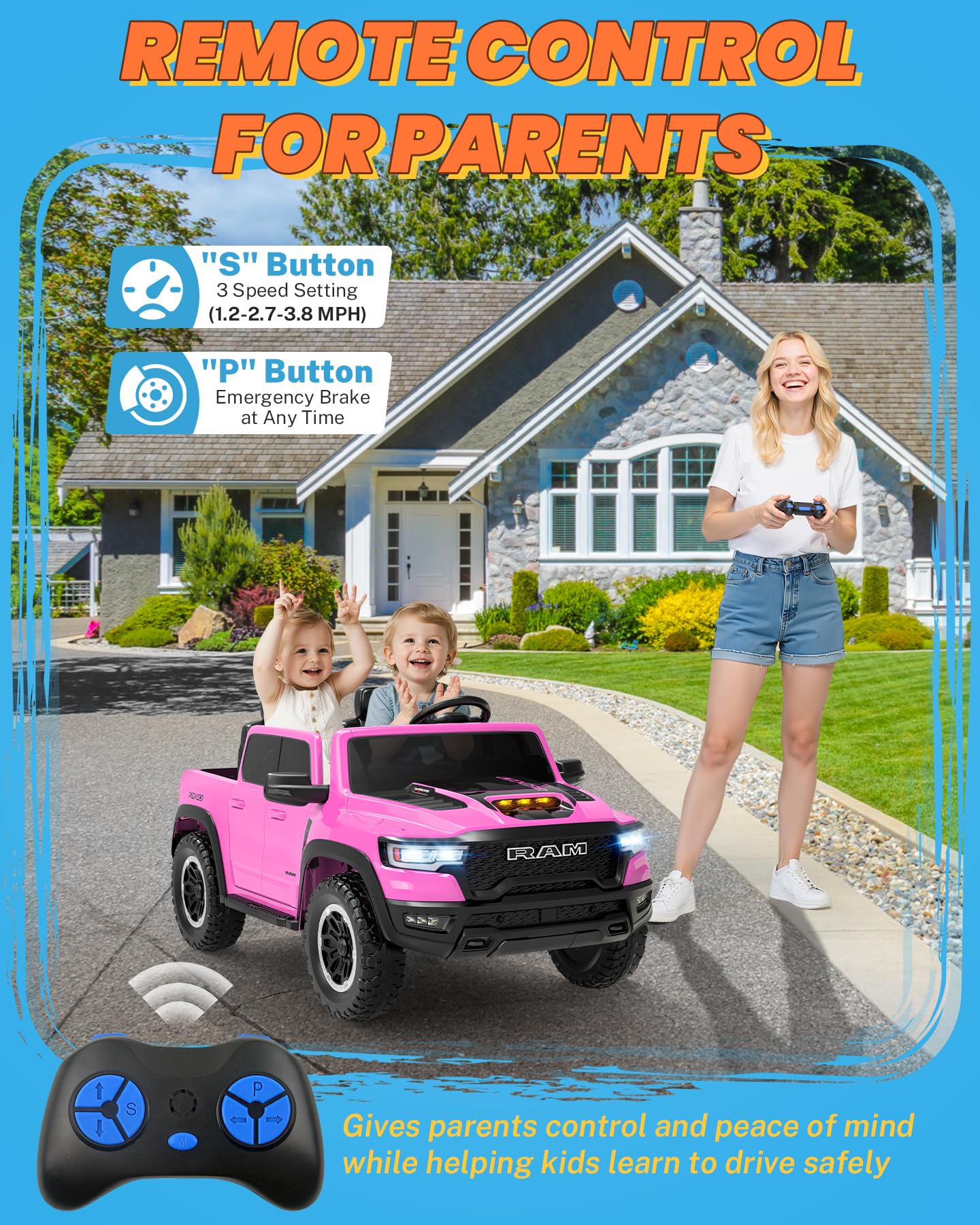 ENYOPRO 24 Volt Ride on Toys for Girls, Licensed RAM 1500 RHO 2 Seater Electric Car w/Remote Control, Kids Electric Vehicles w/Working Truck Tailgate, Suspension, Music, LED Lights (Pink - High Door)