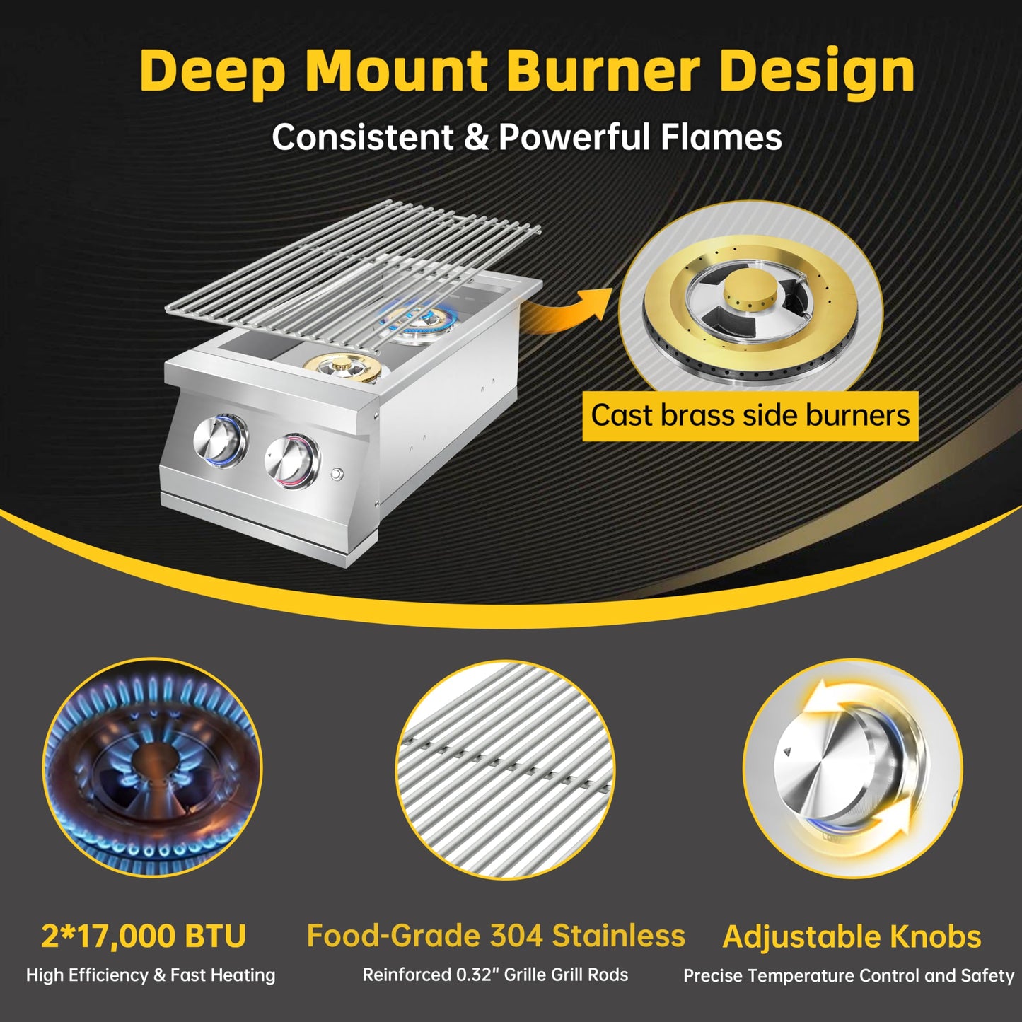 Qualipo Double Grilling Side Burners for Outdoor Kitchen, 2 * 17,000BTU Liquid Propane Burners, Convertible to Natural Gas, Heavy-Duty 304 Stainless Steel, Built-in Side Burner for BBQ Grill Island