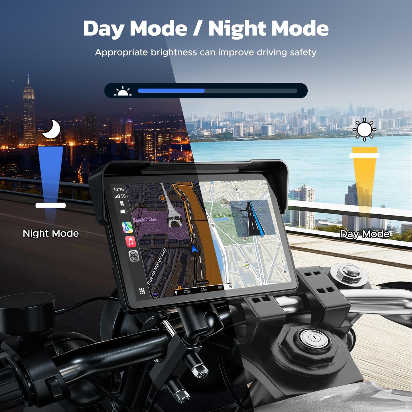 VOLAM 7" Wireless Motorcycle CarPlay Screen, IP67 Waterproof Touchscreen,GPS Navigation System,Anti-Glare for Daylight, Voice Control, Dual Bluetooth, Suitable for Harley, Kawasaki, Yamaha, etc.