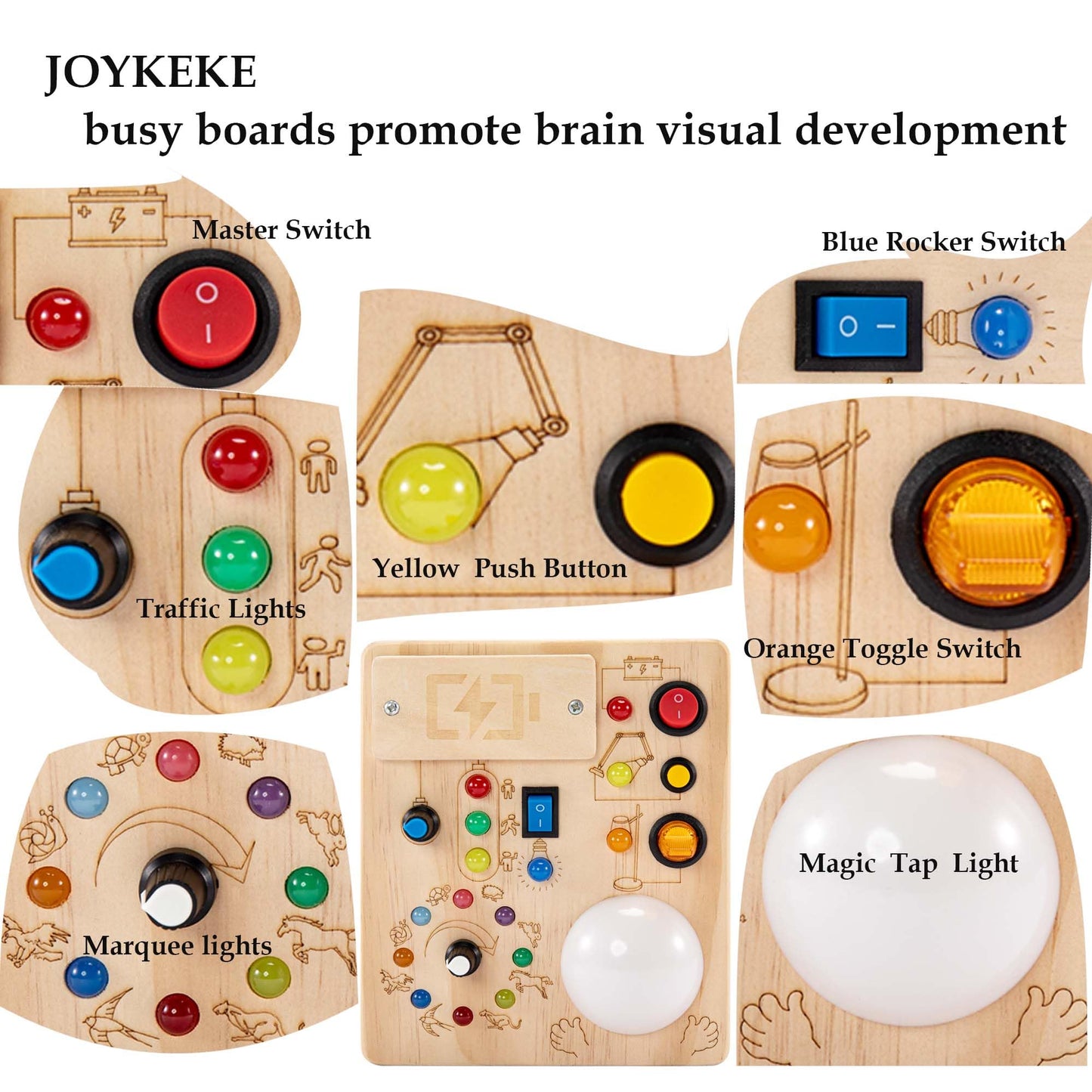 JOYKEKE Montessori Wooden Busy Board Activity Board with Tap Clap Light, Safe Durable Sensory Educational Toy for 1-4 Year Olds, Build Fine Motor & Hand-Eye Coordination for Toddler Boys & Girls