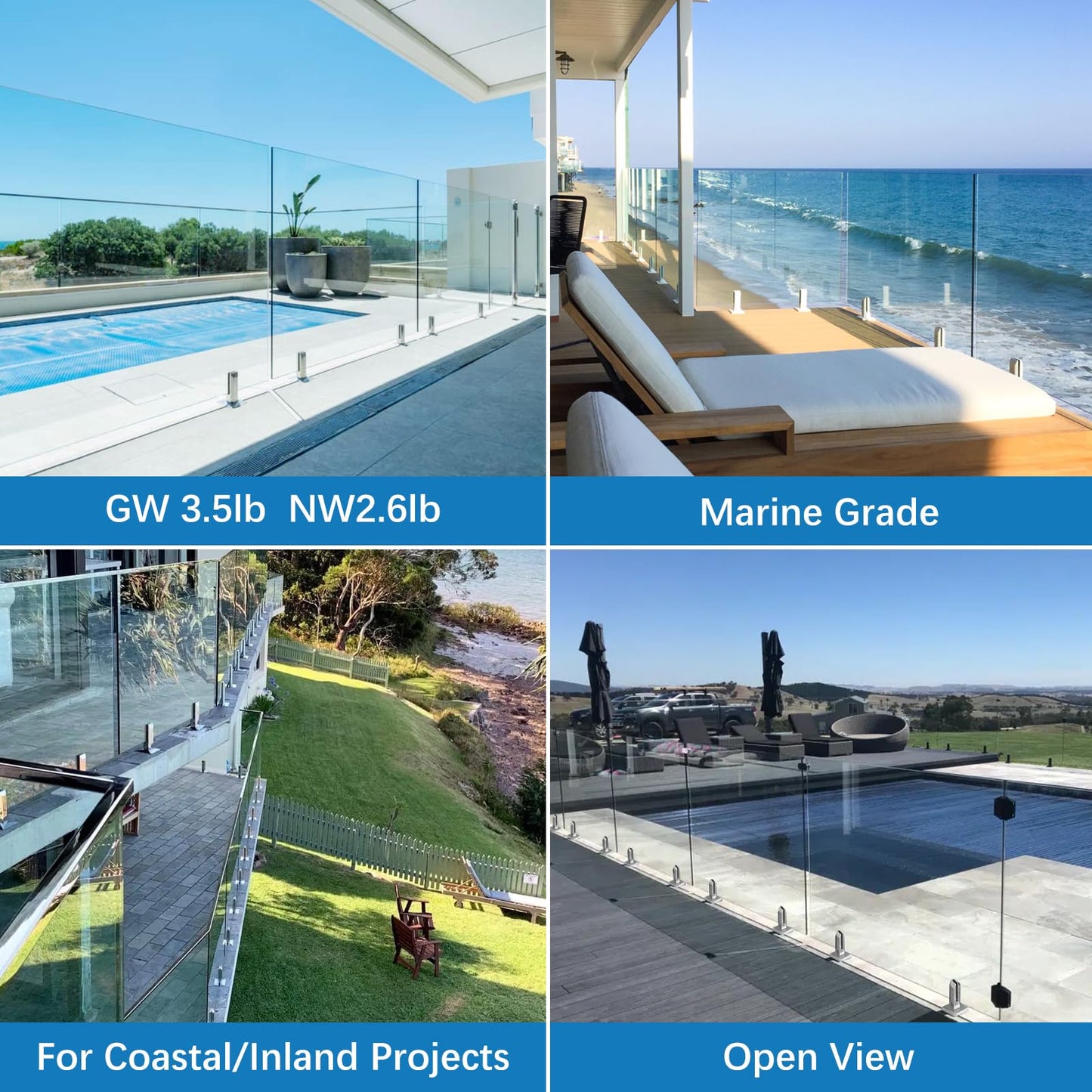 LukLoy 4 Pack NW. 2.6lb Heavy Duty Marine Grade 2205 Stainless Steel Glass Pool Fence Spigot Balustrade Railing Post Clamp for Balcony Garden Deck Handrail Brushed (4 Pack, Each NW 2.6lb) - Level 3