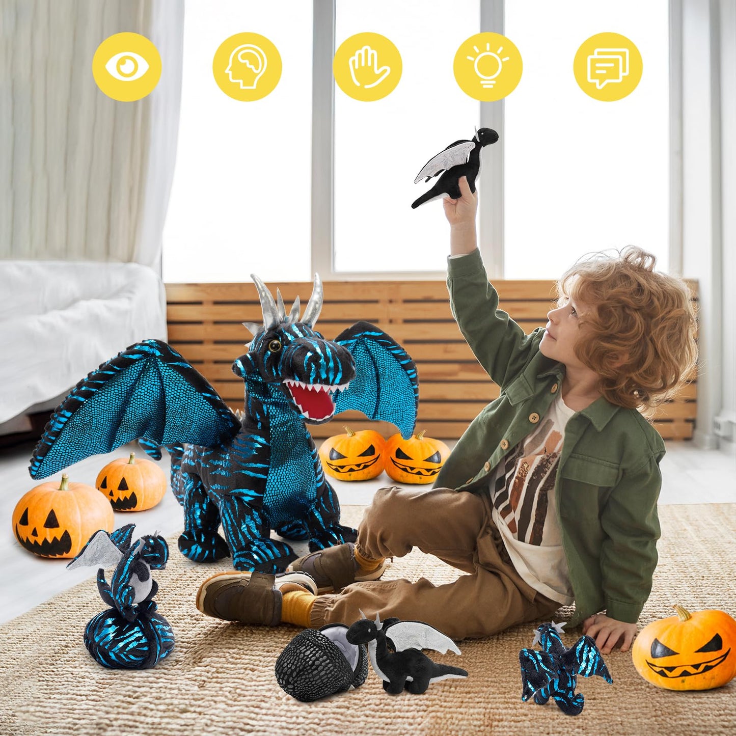 MaoGoLan Giant 7 Pcs Dragon Stuffed Animals - 22" Dragon Plush Toy with 4 Babies & 2 Eggs in Mom's Belly, Soft Dinosaur Plush Set Birthday Easter Gift for Boy Girl Kid Baby Shower Party Decoration