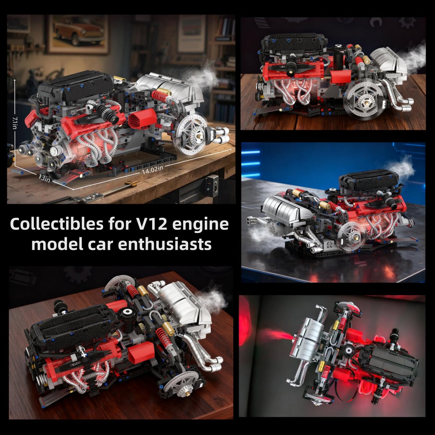V12 Engine Model Kit that Runs - Visible MOC Physical Science Car Engine Project for Car Enthusiasts with Motor, Lighting and Exhaust,STEM Building Engineering Toy Set for Adults