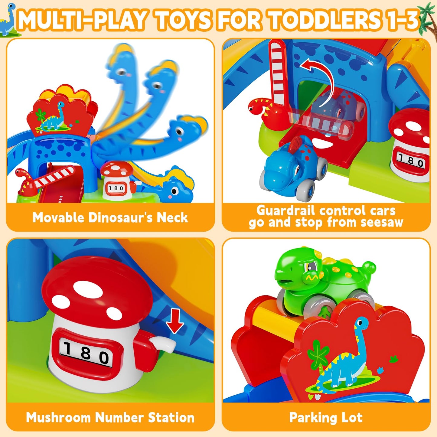 Toddler Toys Gifts for 1 2 Year Old Kids, Educational Dinosaur Slide Toy with 4 Cars for 12-18 Months Baby, First Birthday Chirstmas Gifts for Aged 1-3 Year Old, Push Car Track Toy for Boys Girls