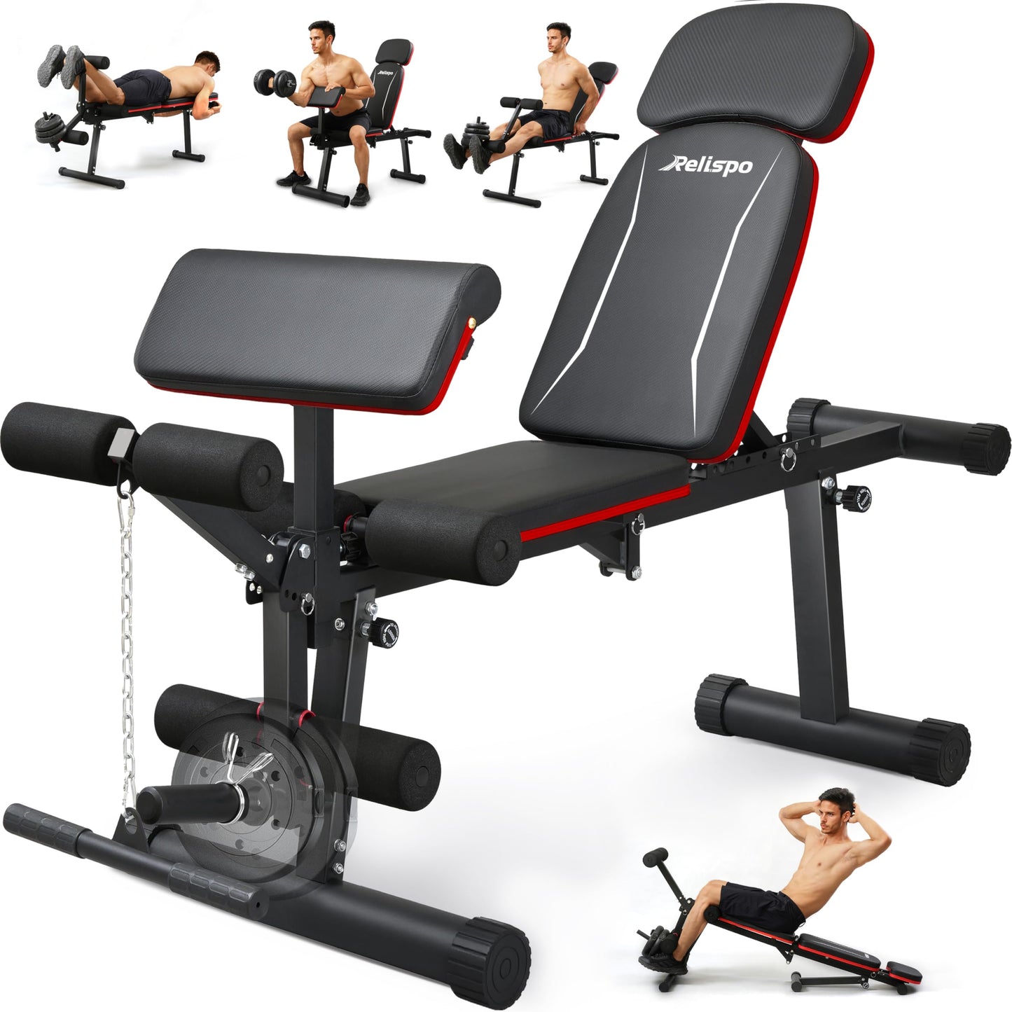 Relispo Upgraded Adjustable Weight Bench with Leg Extension and Leg Curl, 9 Back Positions & Foldable, 1200LB Workout Bench for Home Gym, Flat Decline Incline Bench for Full-Body Strength Training & Big Guys