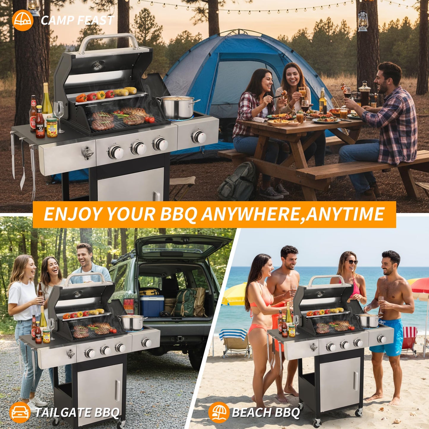 IdeaMaxx 3-Burner Propane Grill for Backyard - 37,230 BTU BBQ with Side Burner, Porcelain Cast Iron Grates, Stainless Steel Outdoor Grill for Camping & Tailgating, Fast Heating