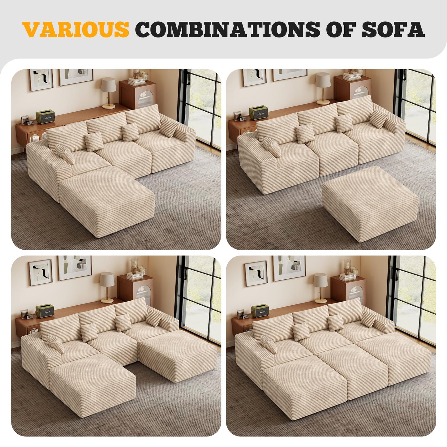 113" Modular Sectional Sofa, Convertible L-Shaped Cloud Couches for Living Room with Ottoman, 4 Seater Corduroy Boneless Couch Sofa Set, No Assembly Required, Khaki 1 PCS