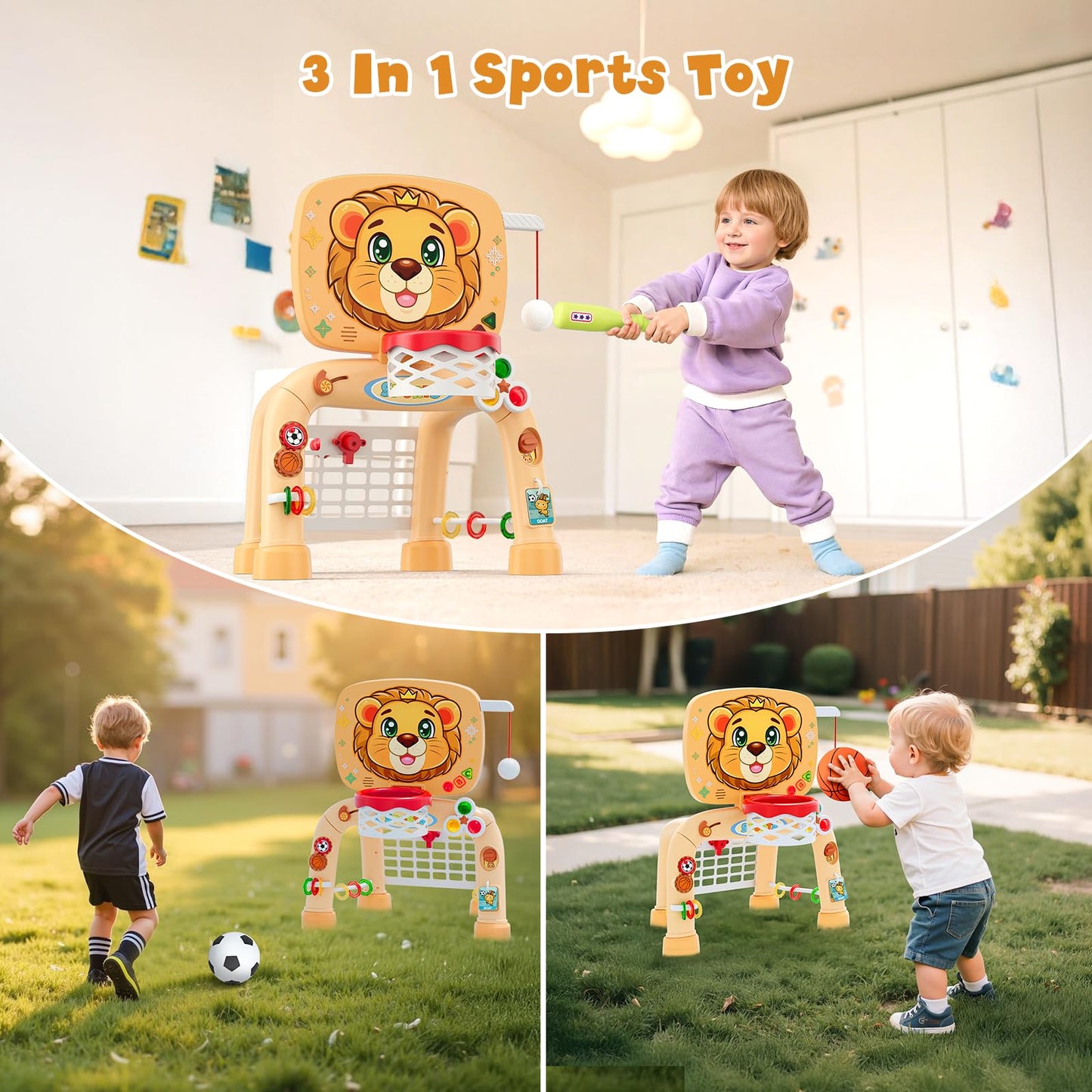 HYES Toddler Basketball Hoop Tball Set & Soccer Goal - Lion Sport Toys for 1 Year Old Boy with Learning Activities (Abacus/Alphabet/Animals Sounds) Christmas Birthday Gifts for Baby Boy Age 1 2 3